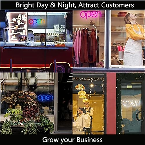 Miniatura 8 de Letreros LED para negocios, texto en inglés open (abierto), 16 x 6 pulgadas, pantalla brillante de neón para interiores, con modos intermitentes o