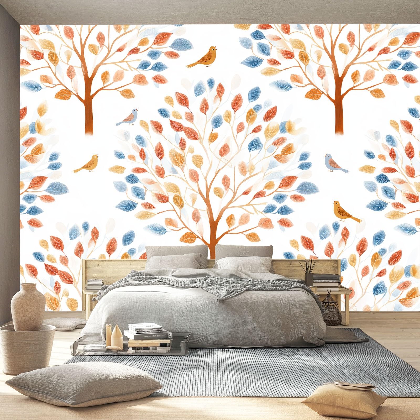 Tapeta ścienna Akwarela Drzewa Natura Ptaki na ścianę, Dekoracja domu Salon Sypialnia, Brązowy Pomarańczowy Druk HD, Artystyczny Design, Pokrycie ścienne, 400 x 280 cm