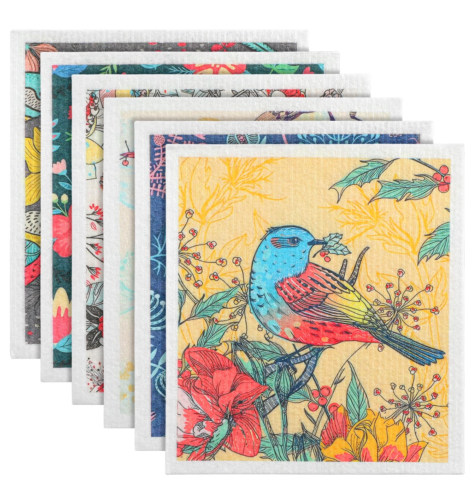 6PCS Swedish Cloths for Kitchen, Floral Reusable Swedish Dish Cloths for Kitchen, Absorbent Quick Drying Papaya Paper Towels for Cleaning Countertop Sink Dishes