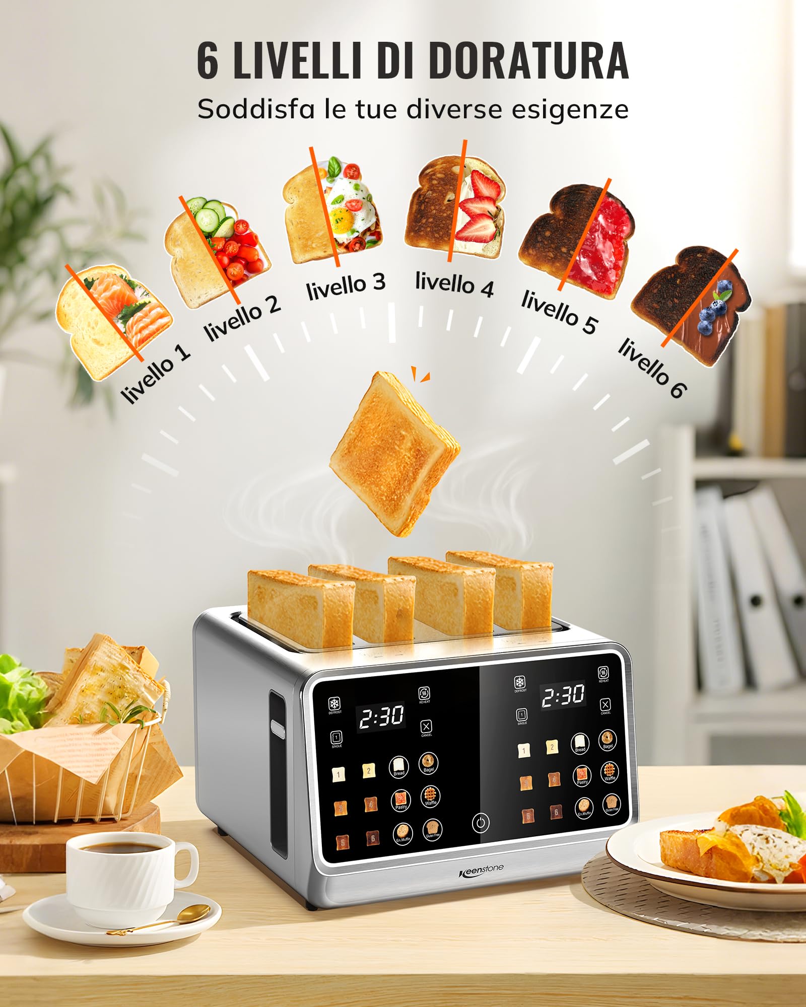 Keenstone Tostapane a 4 fette Ampie fessure, ideale per pane spesso e bagel 6 livelli di doratura più scongelamento Riscaldare Scongelare per Bagel Pane Cialde Acciaio Inox