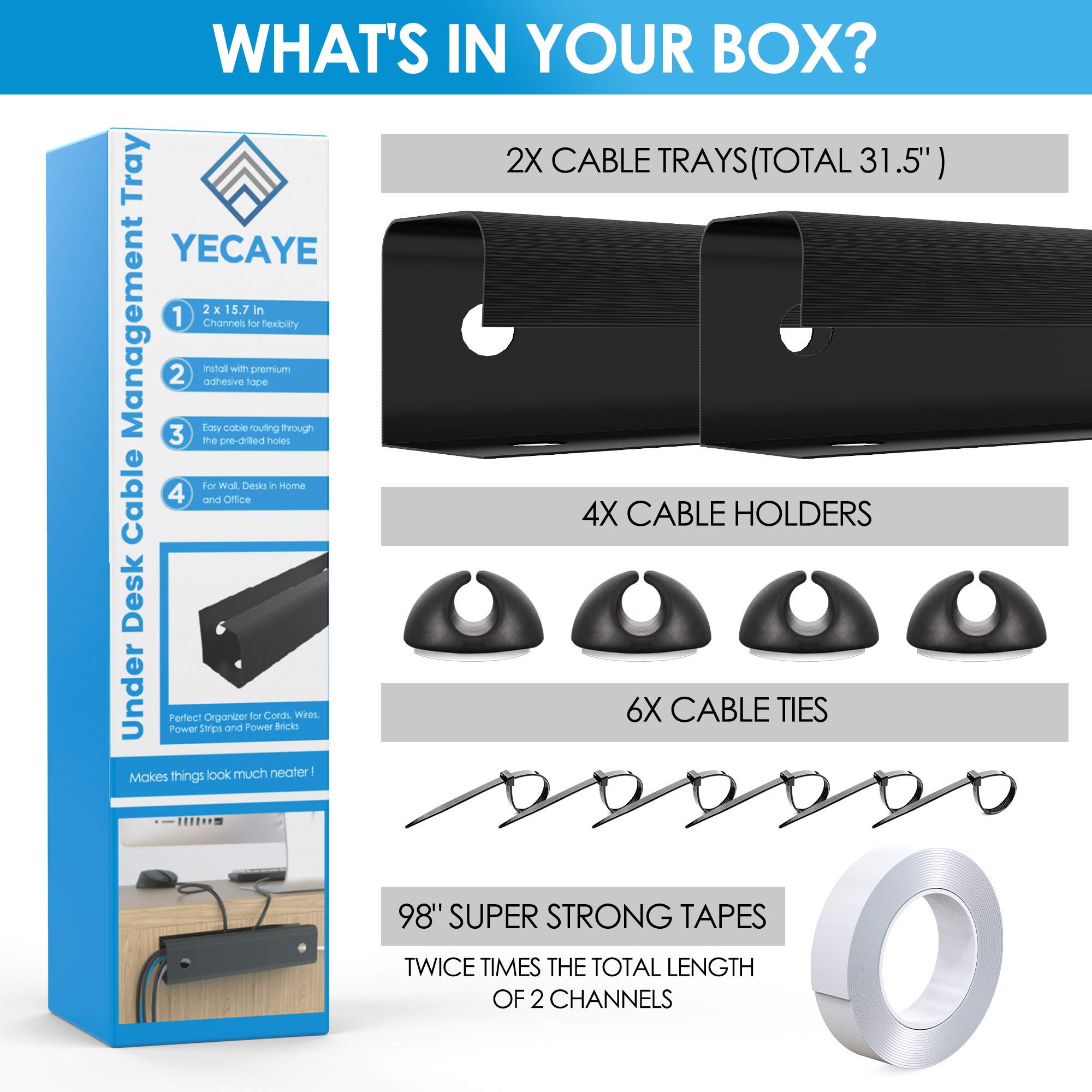 Yecaye Under Desk Cable Management Tray, 31.5in Desk Cord Organizer for