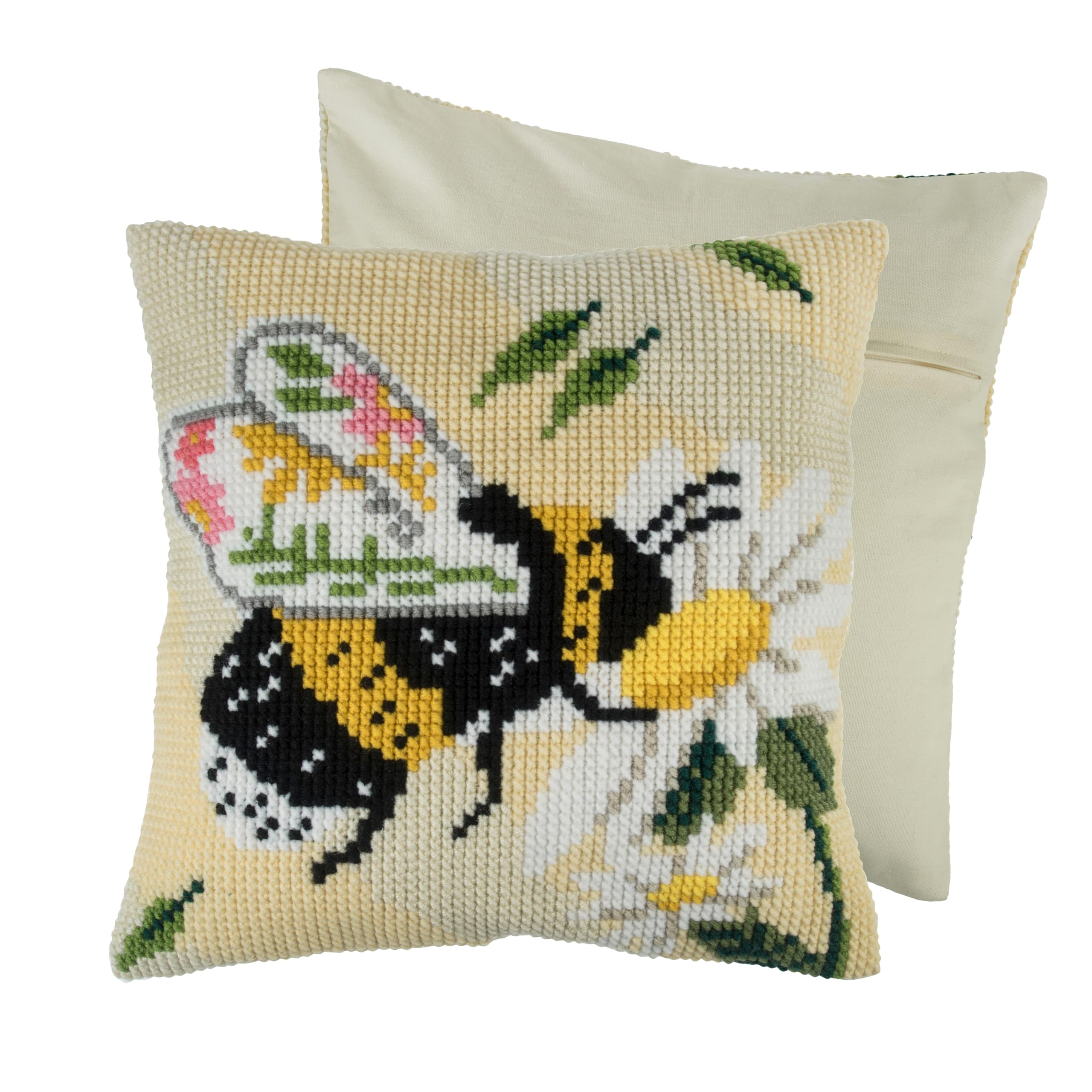 Trimits Cross Stitch Cushion Kit, Cushion Back Included, Pre Printed Canvas, Yarn and Needle Included 40 x 40cm (15.75 x 15.75in), Floral Bee