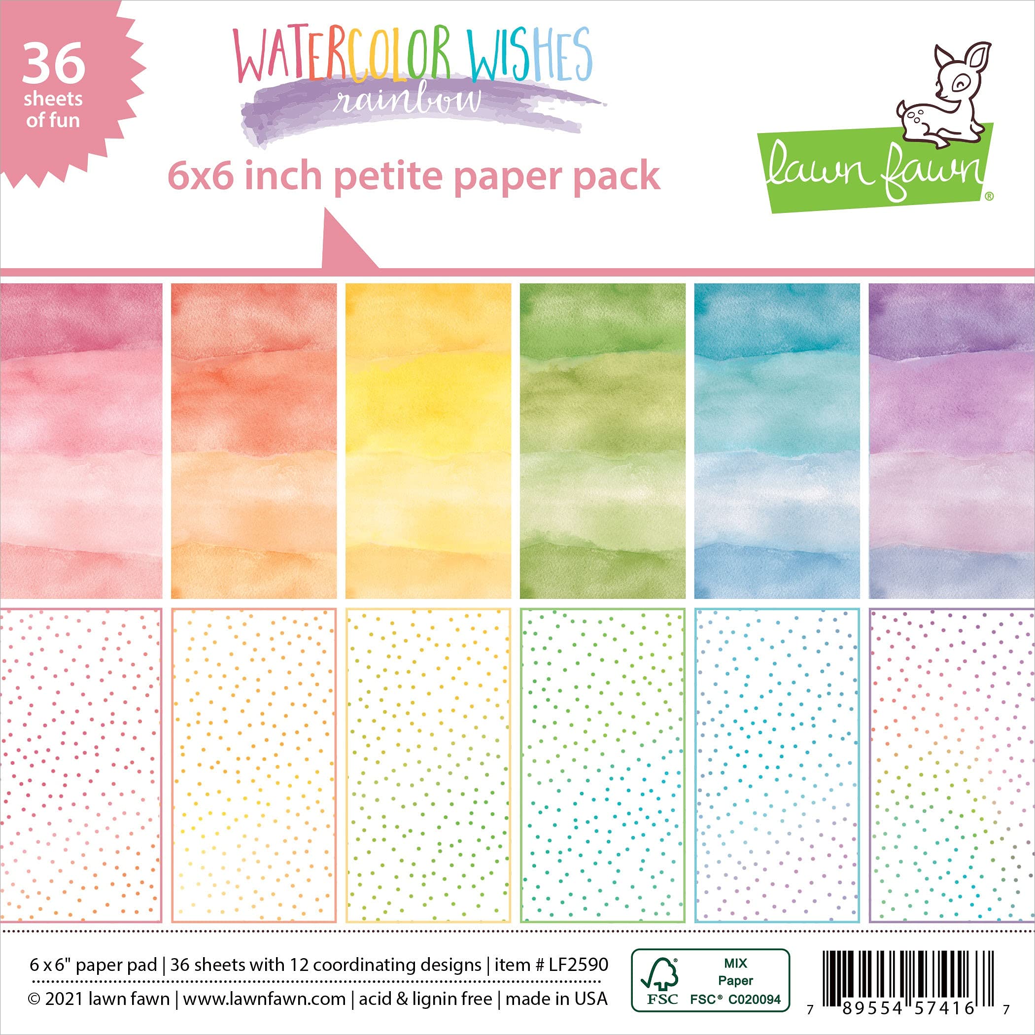 Lawn Fawn Single-Sided Petite Paper Pack 6"X6" 36/Pkg-Watercolor Wishes Rainbow, 12 Designs, 6-x-6-Inch