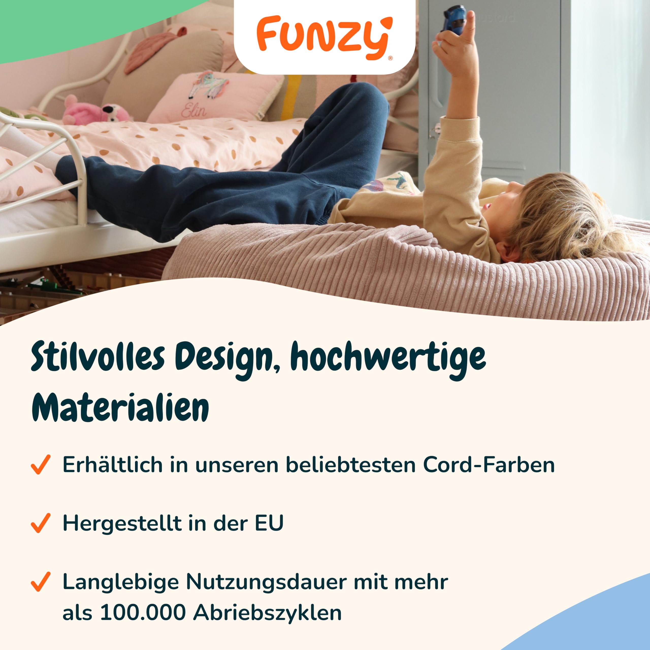 Funzy Sitzsack für Kinder aus Cord mit Füllung aus Schaumstoff, Kindersitzsack für Mädchen und Jungen aus hochwertigen Materialien, Oeko-TEX 100 Zertifiziert mit 3 Jahre Garantie, Krischblüte Rose
