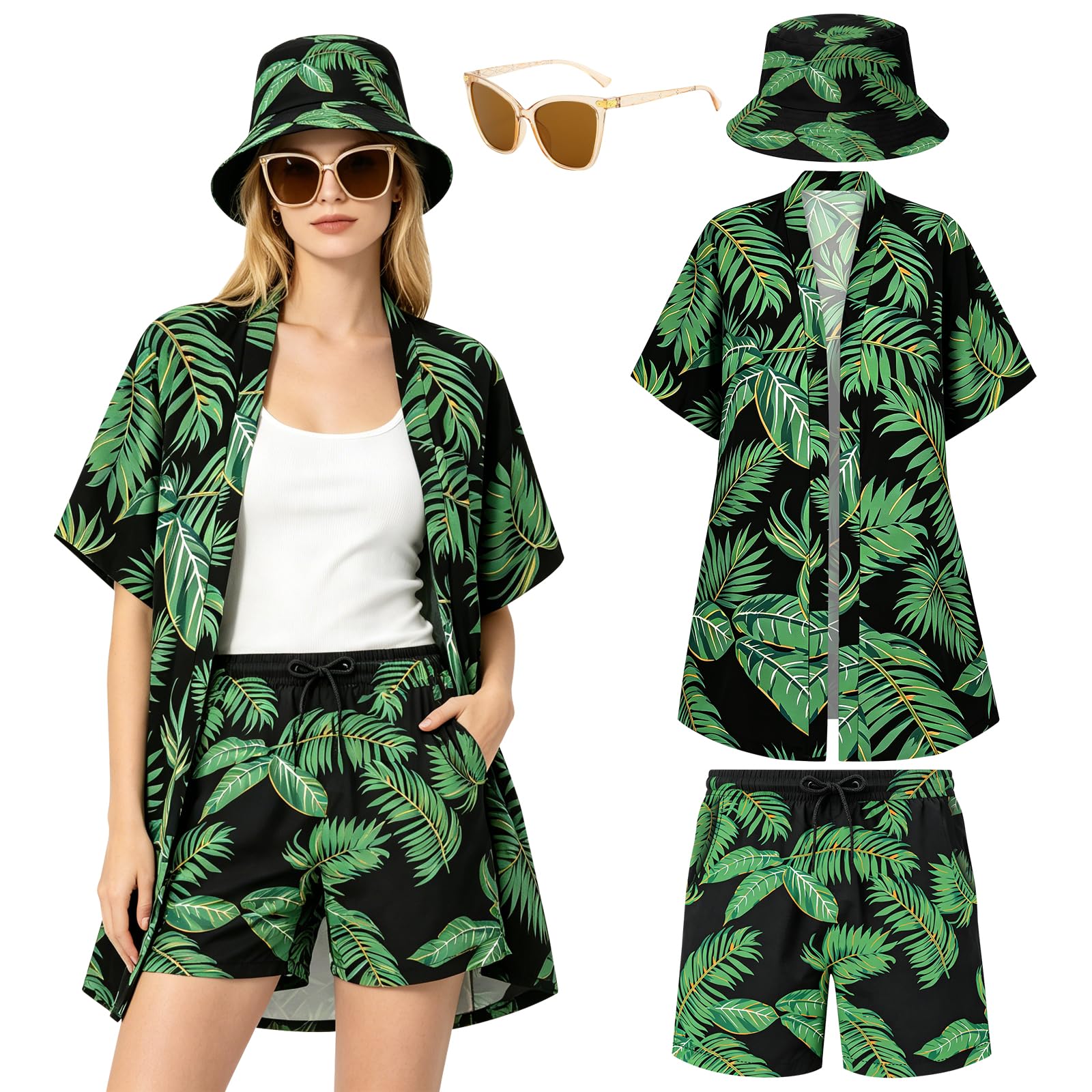 Camisa Hawaiana Mujer, Conjuntos de Verano para Mujer Camisa de Manga Corta, Pantalones Cortos, Sombrero y Gafas de Sol, Conjunto Hawaiano Mujers para Veraniego Tropical Estilo
