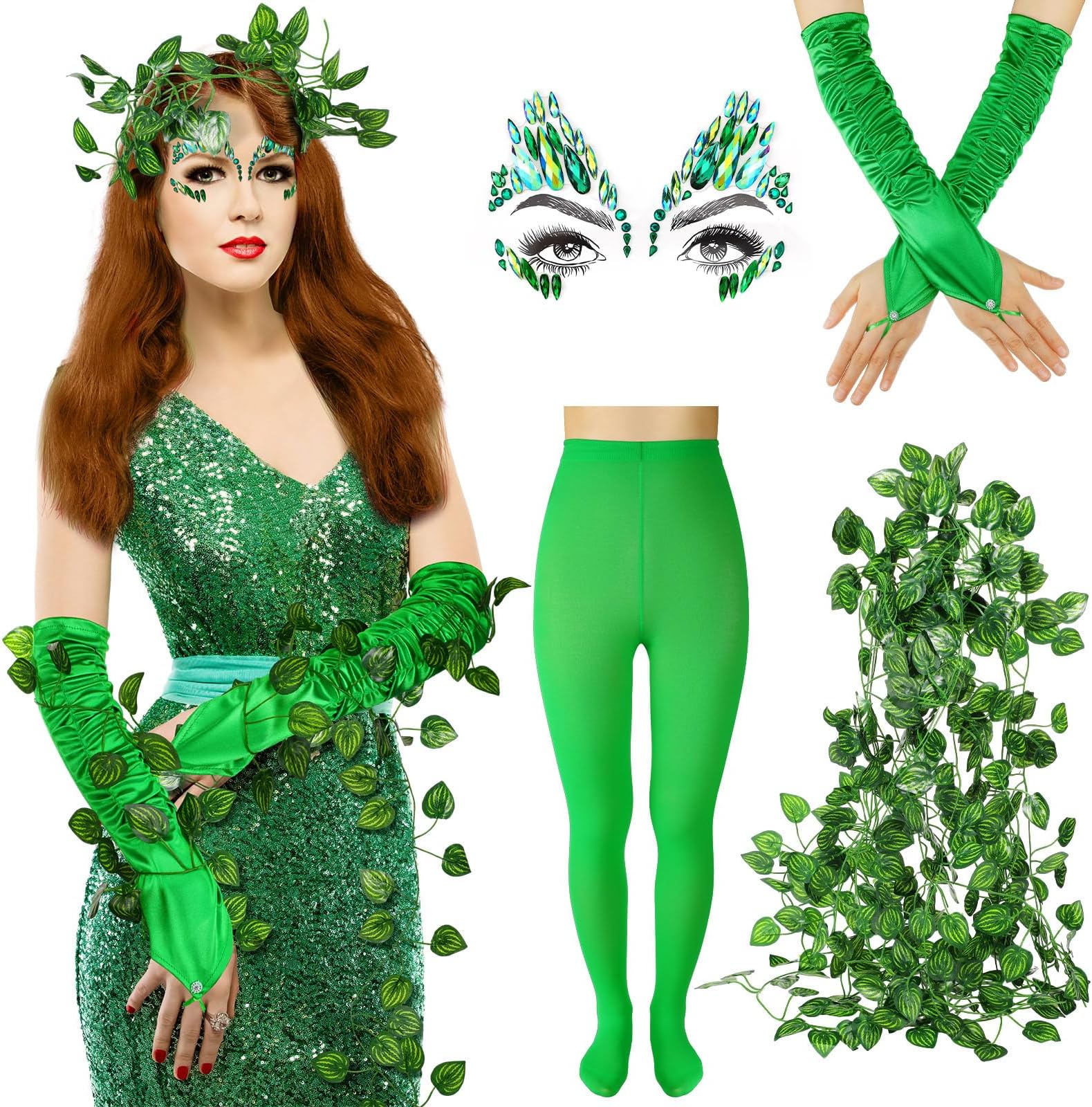 Toulite 8 Pcs Halloween Green Cosplay Costume Set for Woman Includes Bright Jewels Halloween Face Tattoo Artificial Vines Green Tights Elbow Length Long Gloves for Holiday Party Supplies