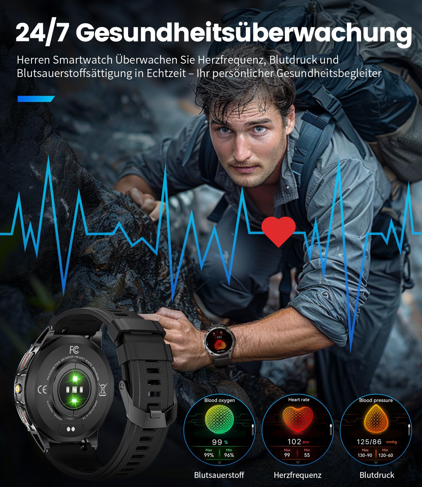 FITFLEX Smartwatch Herren Militär mit Telefonfunktion, 1,43'' AMOLED Smart Watch mit 530mAh Akku, Taschenlampe, Herzfrequenz, Schlafmonitor, 120+Sportmodi IP68 Wasserdicht Sportuhr für Android iOS