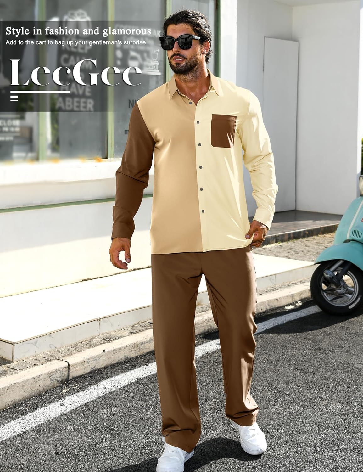 LecGee Mens 2 Piece Color Block Outfits Casual Long Sleeve Color Block Shirts and Pants Matching Set Sweatsuit - Image 3