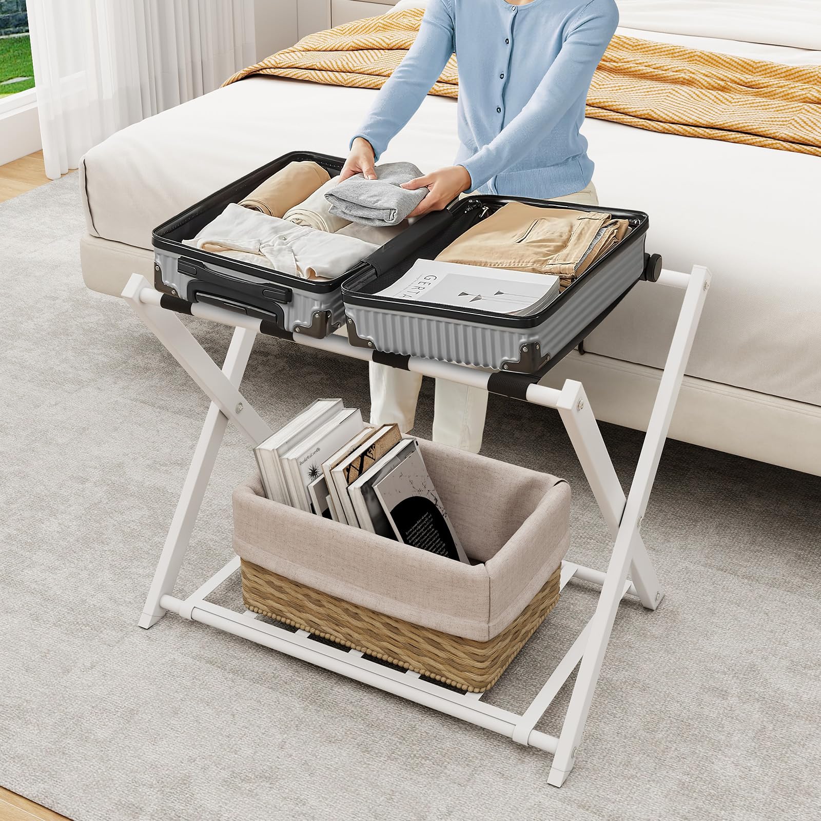 GYMAX Portavaligia da Hotel in Ferro 50 kg Pieghevole a 2 Ripiani 68x45x57 cm 2 Pezzi Bianco