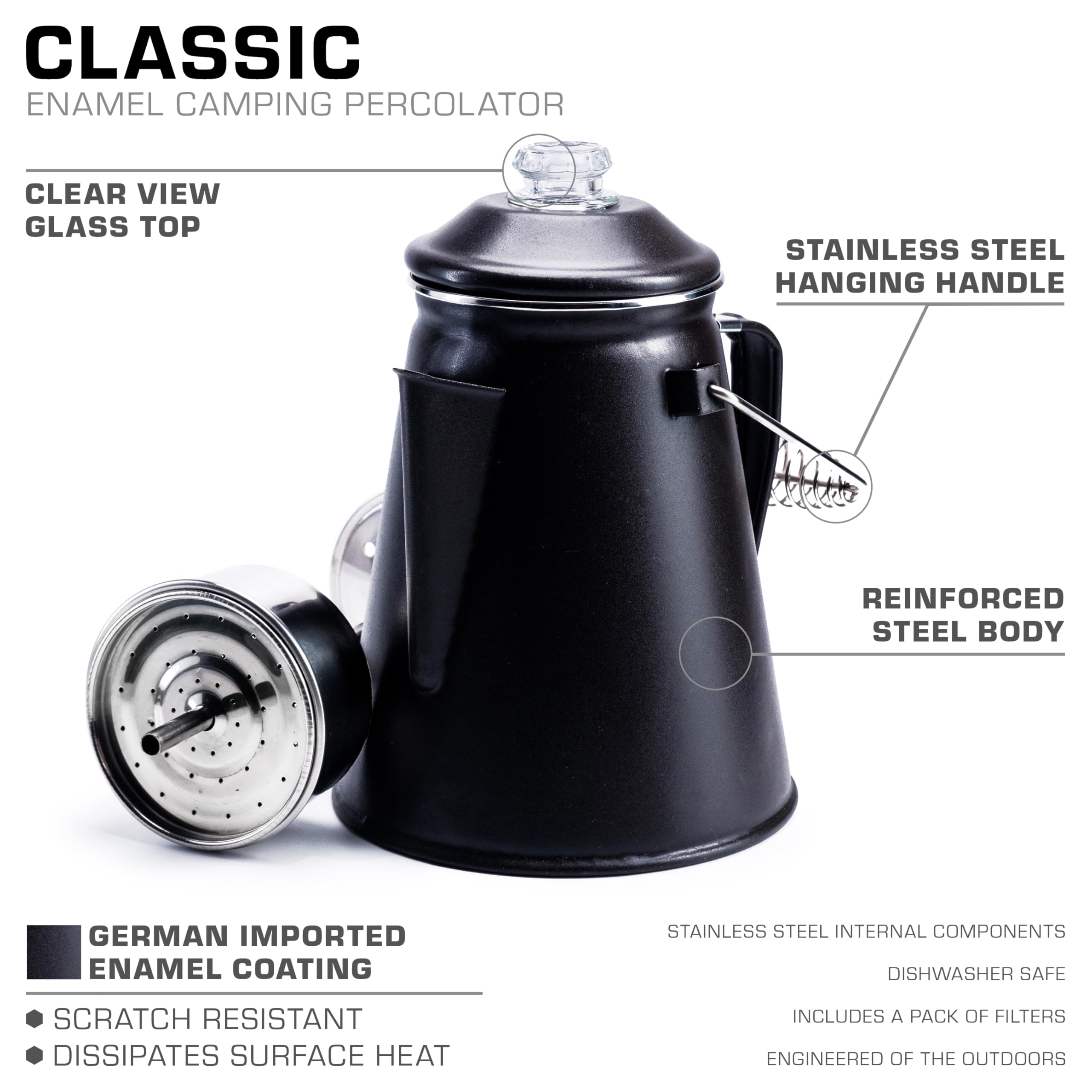 Coletti Klassischer Kaffeeperkolator – Perkolator-Kaffeekanne, Cowboy-Kaffeekanne – Die originale Camping-Kaffeemaschine, jetzt modernisiert – Für Braumeister auf dem Campingplatz [Graues, 12 Tassen]