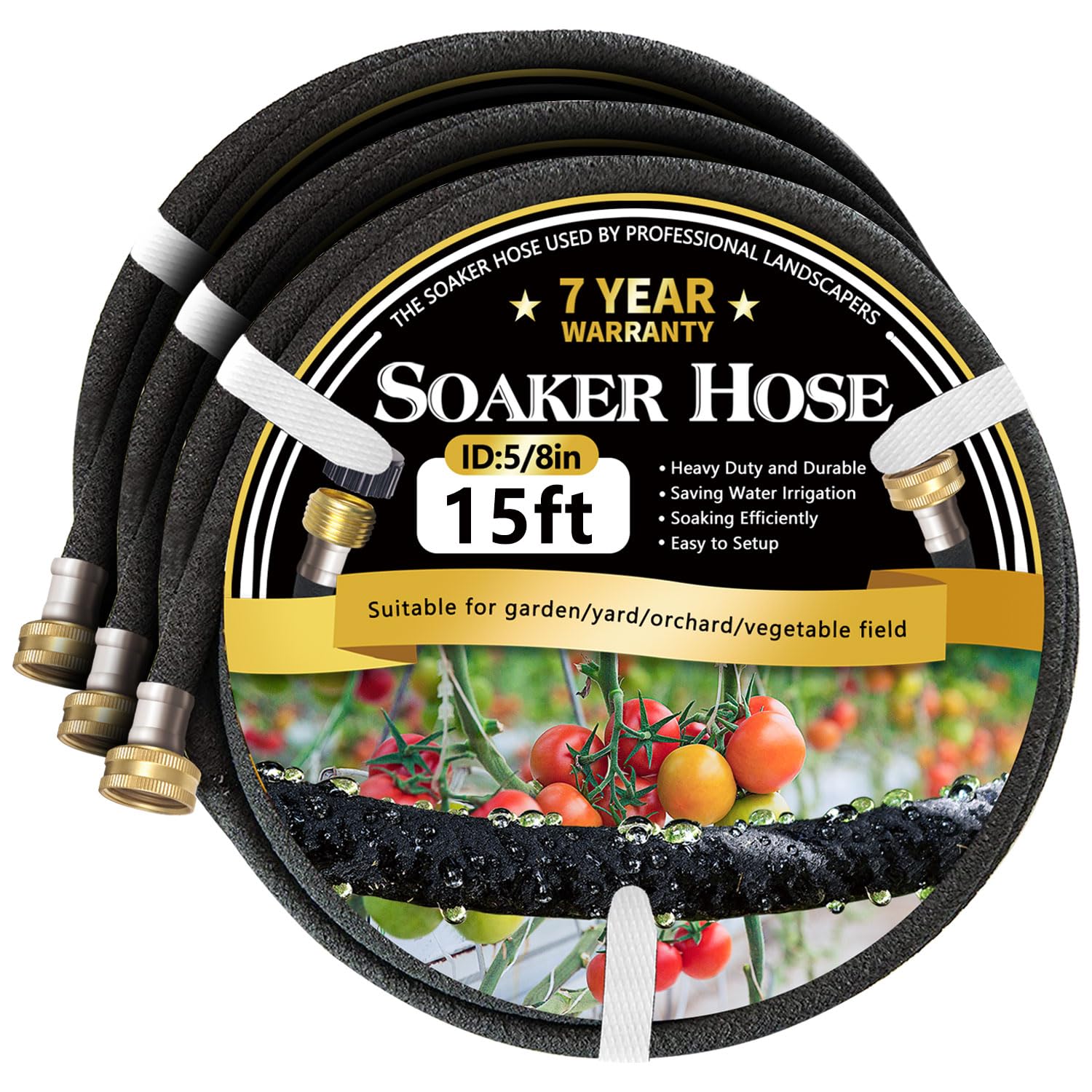 Hopegiver 5/8’’ Soaker Hose 15 ft 3 Pack, Heavy Duty Garden Soaker Hoses with Solid Brass Fitting, Rubber Drip Hose for Garden Beds, Vegetable, Lawn,