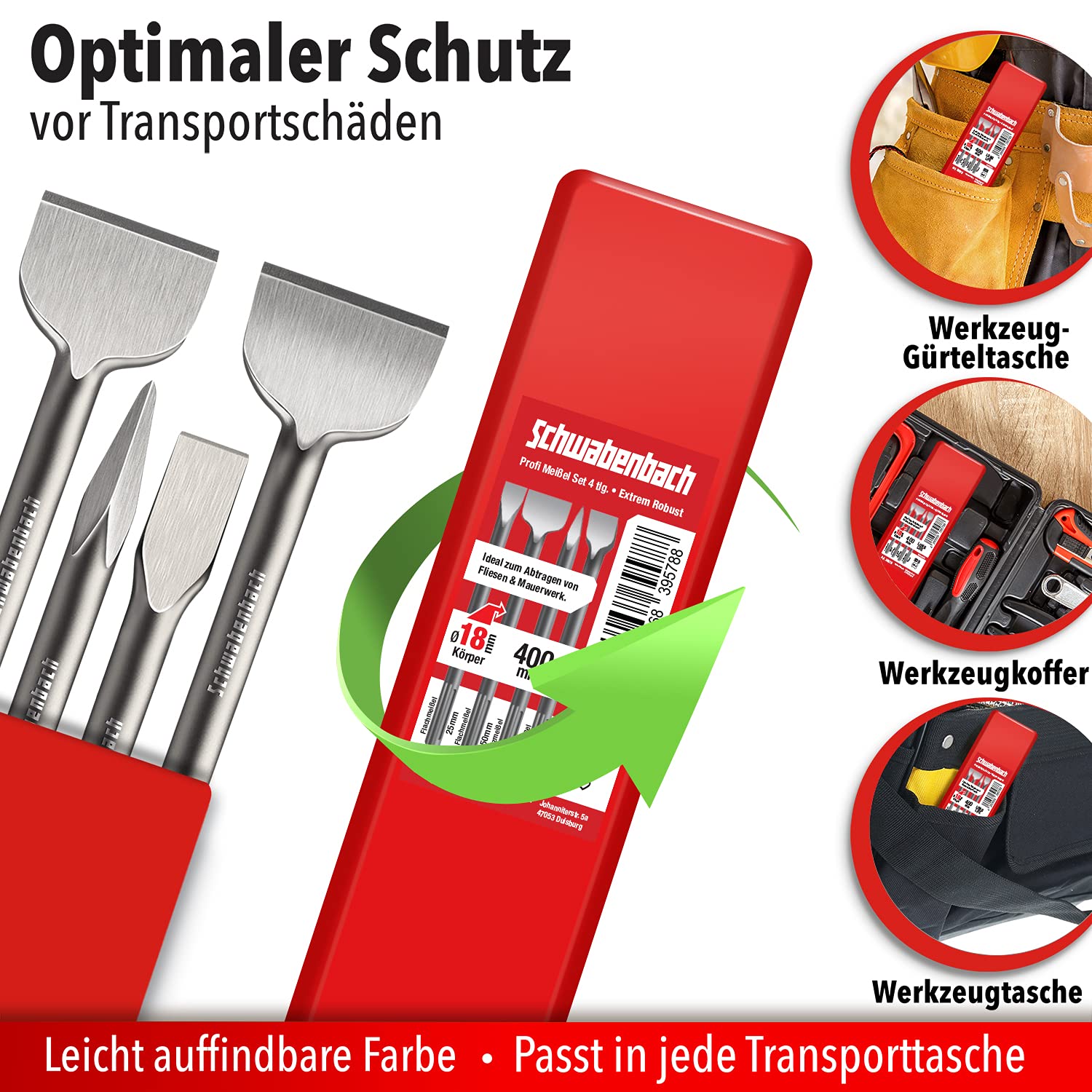 SCHWABENBACH® SDS Max Meißel 400mm 4tlg. - Fliesenmeißel 50 mm Abgewinkelt + Flachmeißel 25mm + 50mm + Spitzmeißel - Meißel Set kompatibel mit Bosch Hilti Bohrhammer