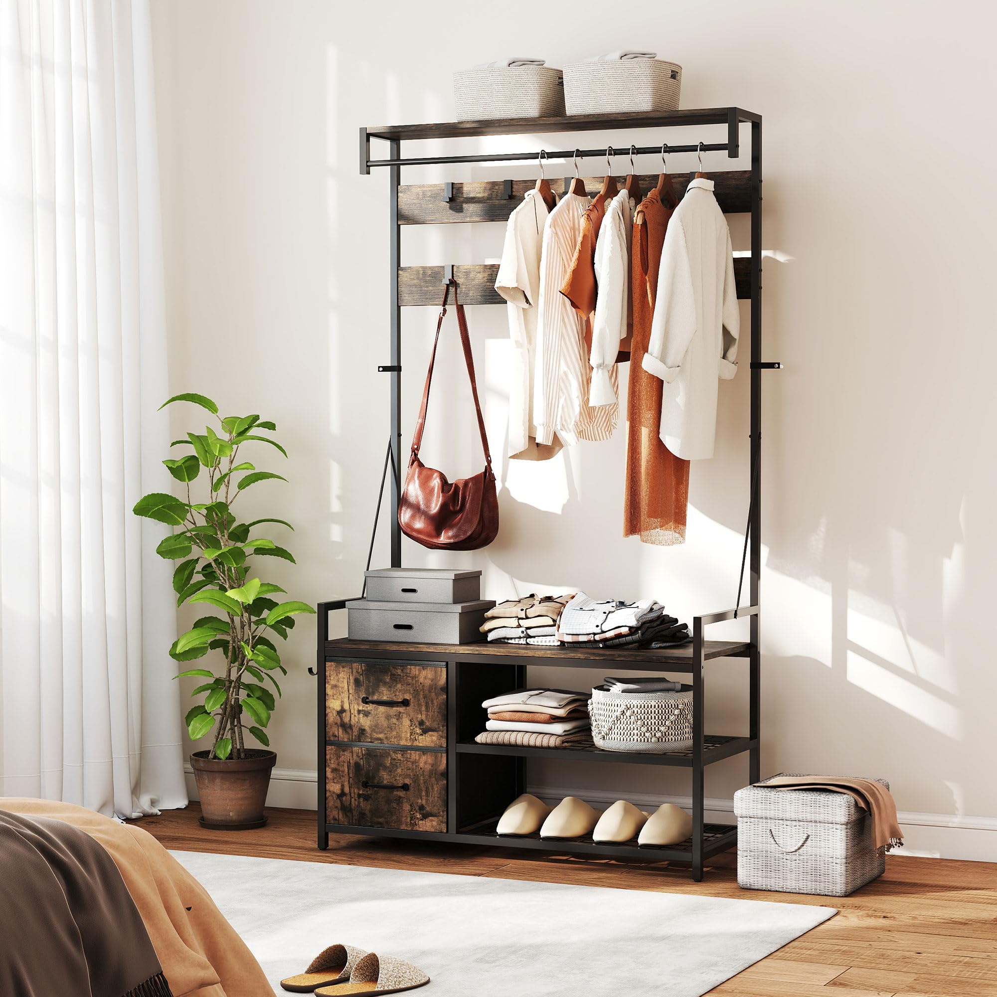 HOMCOM Perchero Zapatero 6 en 1 2 Cajones 100x40x180 cm Marrón Rústico | Perchero Entrada Recibidor, Zapatero Doble, 10 Ganchos Ajustables, Barra Colgante, Estilo Industrial, para Pasillo