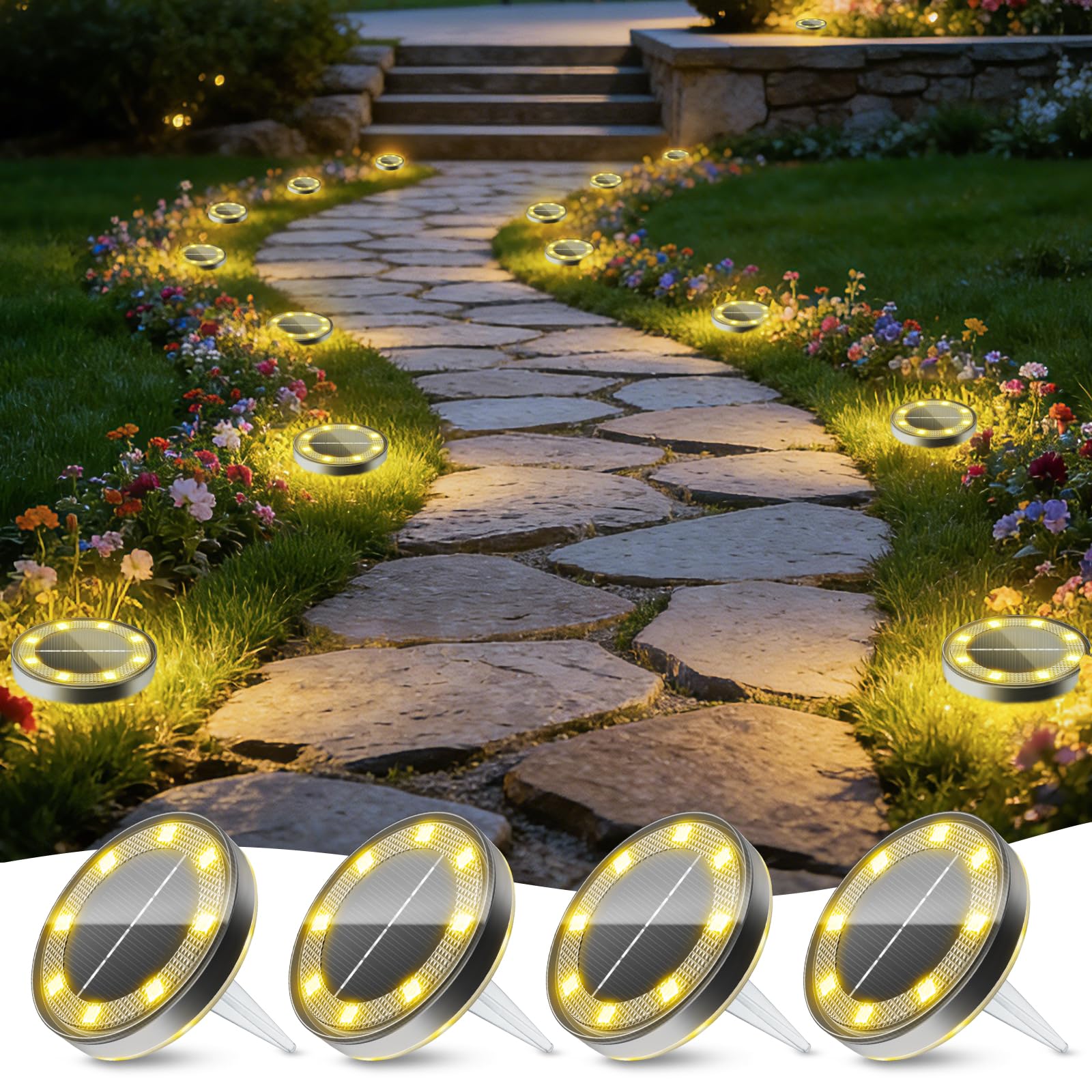 cshare Solar Bodenleuchten Aussen, 4 Stück 13LED Gartenbeleuchtung Solarleuchten Wasserdicht Solarlampen für Außen Garten Weg Terrasse Hof Rasen Boden Gehweg-Warmweiß