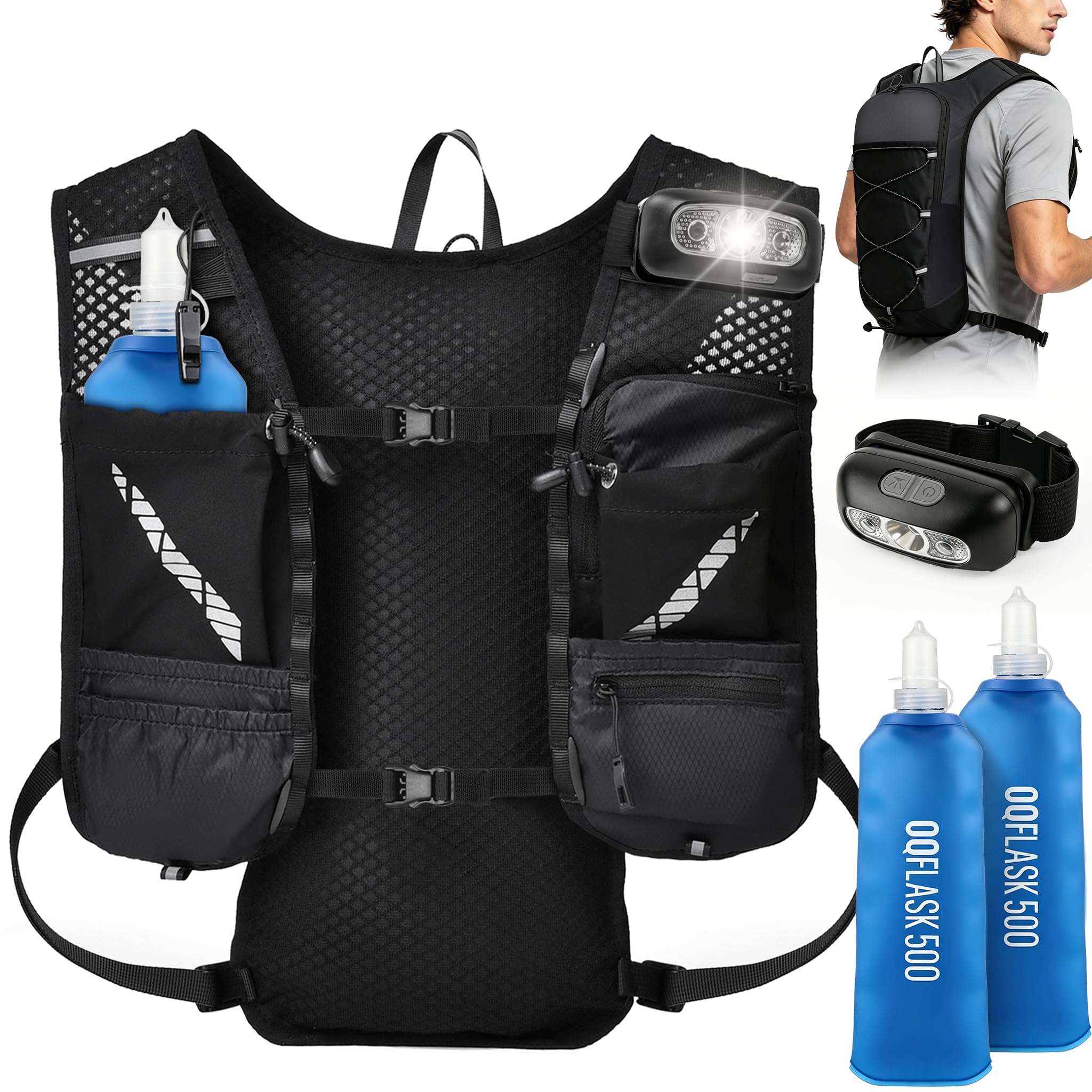 FIVAVA - Laufweste für Damen und Herren – mit 2 faltbaren Trinkflaschen (500ml) – Reflektierende Running Vest mit Trinkrucksack – Ideal für Marathon, Trailrunning, Jogging & Radfahren