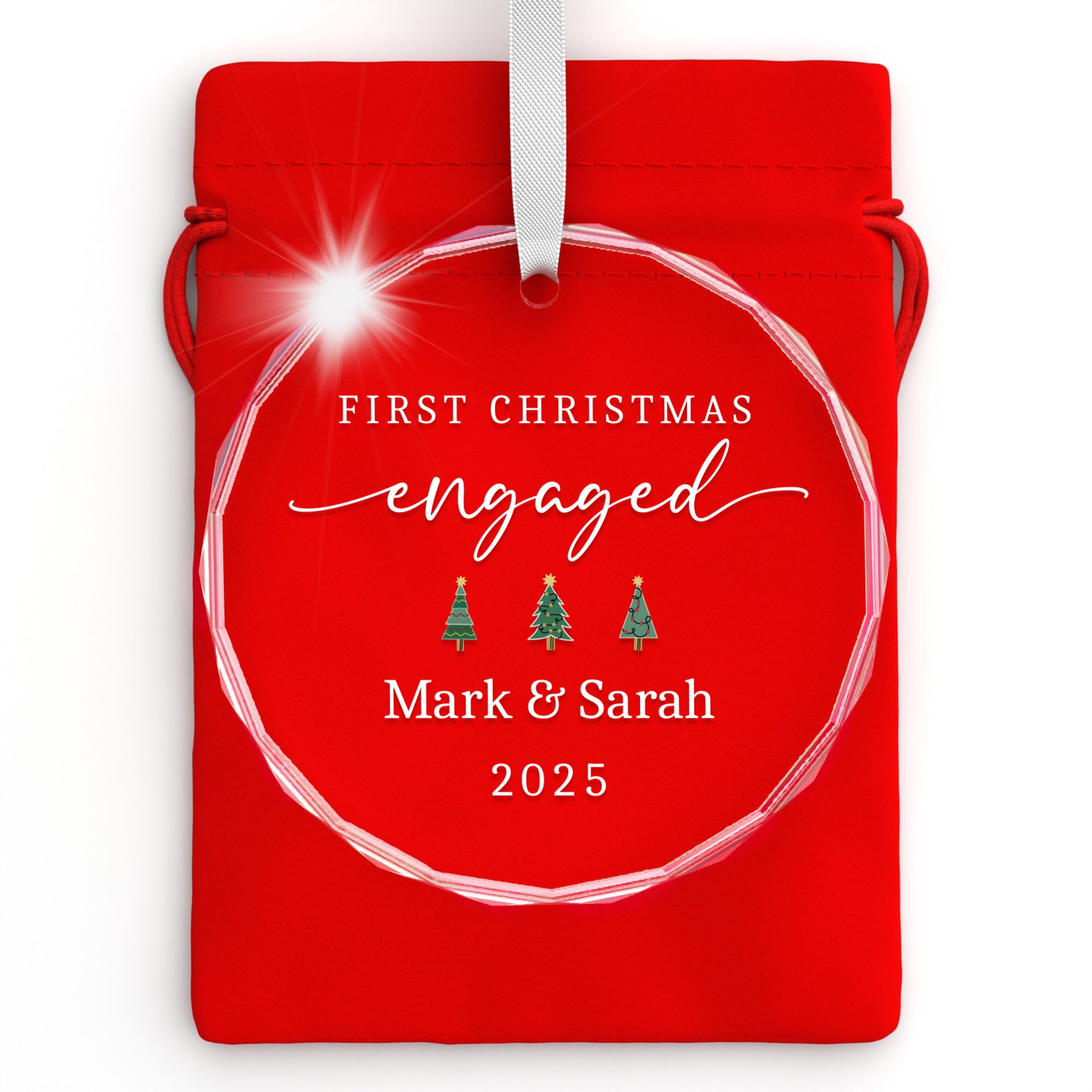 Beecreative Personalised Engagement Christmas Decorations 2025 - Crystal Glass Heart Or Circle - 1st Christmas Engaged Ornament - With Keepsake Gift Bag