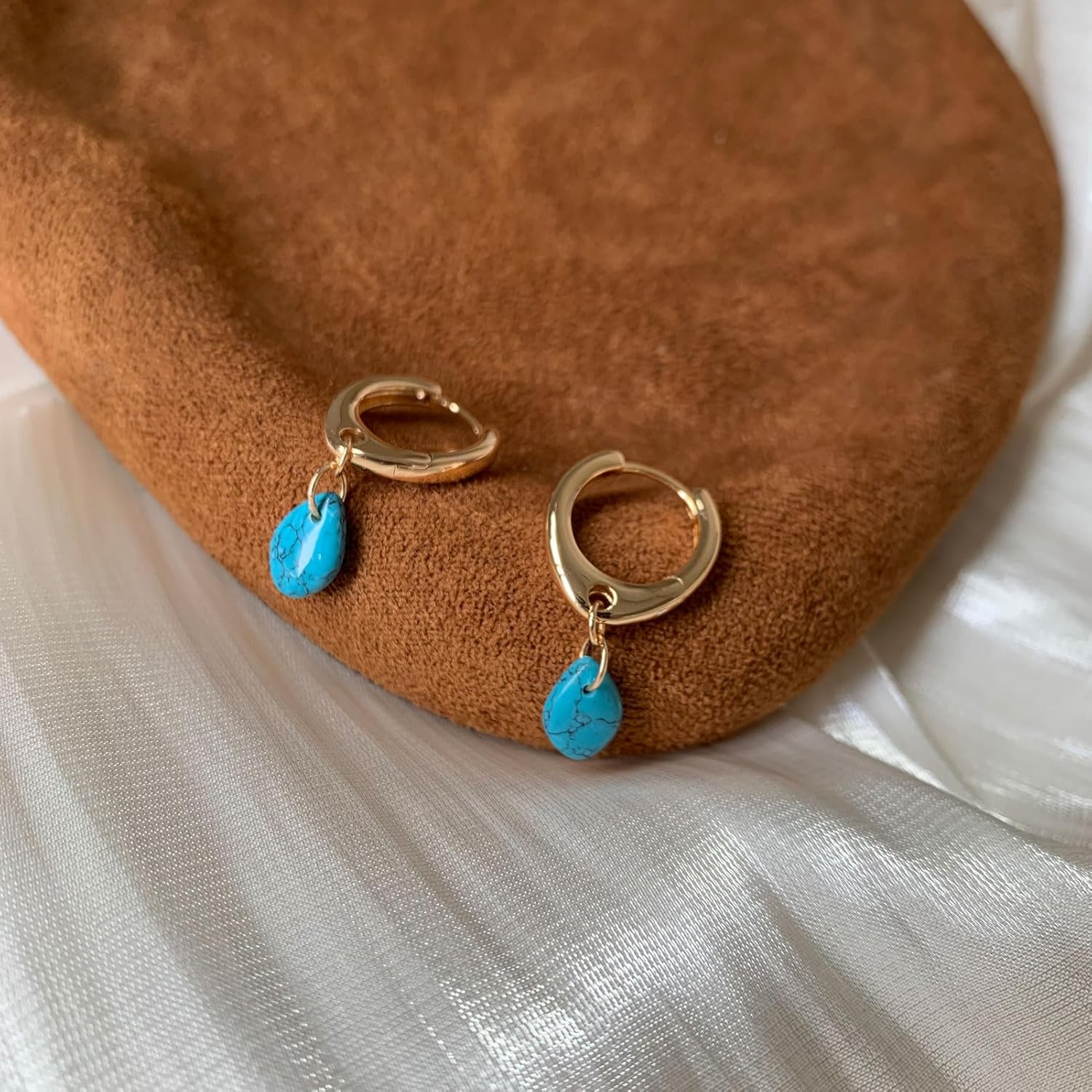 Chunky Gold Huggie Hoop Earrings with Moss Agate Tiger Eye Amber Turquoise Pearl Opal Charms Lightweight Dangle Hoops for Women