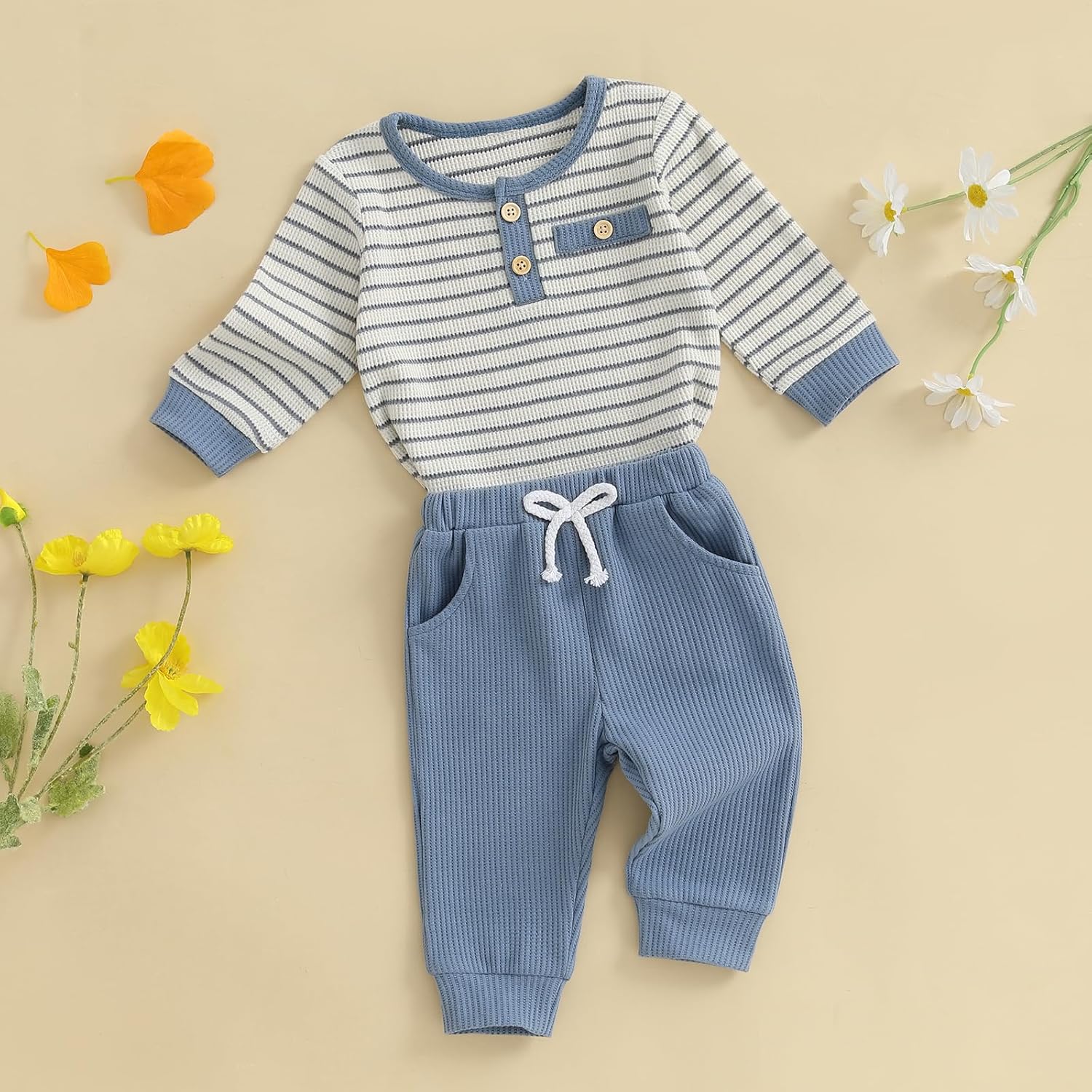 ZAXARRA Baby Boy Outfits Waffle Striped Baby Sweatshirt Tops Elastic Long Pants Set Toddler Boys Girls Fall Clothes - Image 3