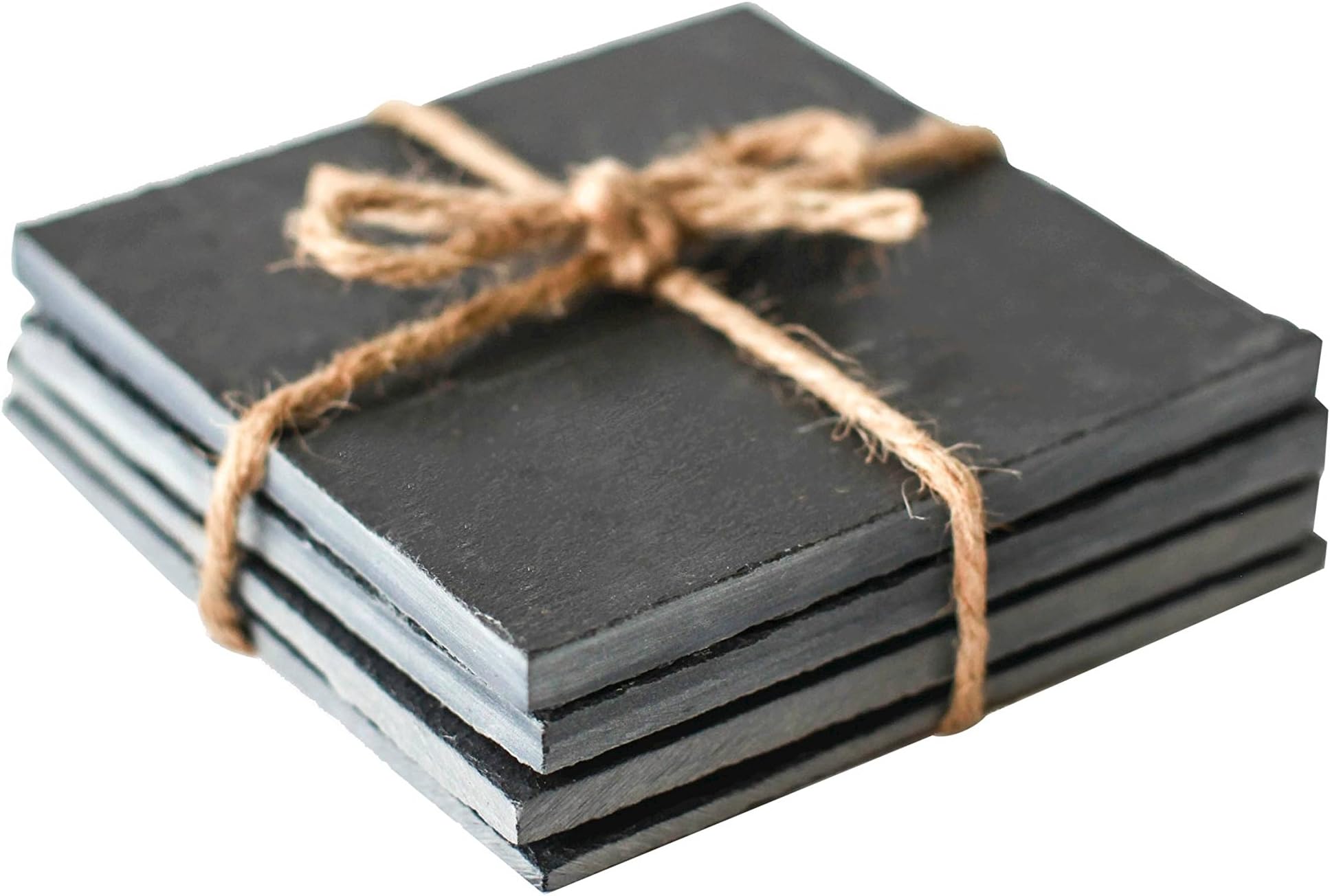 Square Cut Slate Coasters by EMEMO® - Set of 4 Unique 4"x4", Handmade Coasters for Drinks, Beverages, Wine Glasses - Elegant Look & Unmatched Furniture Protection - Made of Genuine Black Slate