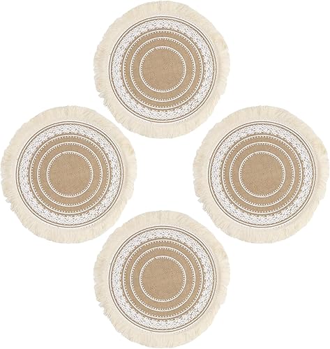 ANQLRMD Juego de 8 manteles individuales redondos bohemios, decoración bohemia para el hogar, lino de yute con macramé para mesa de comedor, boda,