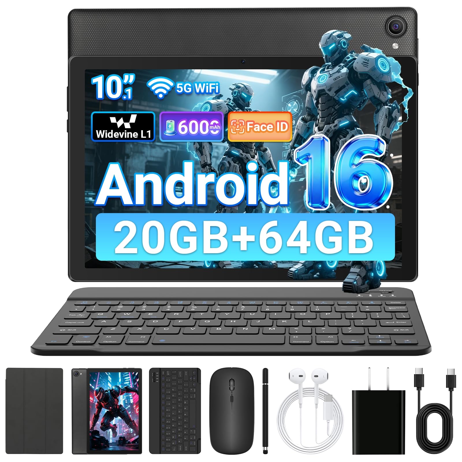 Gleeso Tablet Android 16 da 10 Pollici, Tablet con Tastiera 20GB+TF 1TB, Android Tablet PC con Mouse, Penna Stylus, 6000mAh, Fotocamera da 8MP, WiFi 5G, Laptop Portatile per Studenti e Aziende