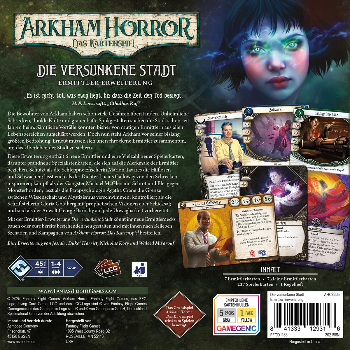 Fantasy Flight Games, Arkham Horror Das Kartenspiel - Die versunkene Stadt, Ermittler-Erweiterung, Expertenspiel, Kartenspiel, 1-4 Spieler, Ab 14+ Jahren, 45 Minuten, Deutsch, 2D