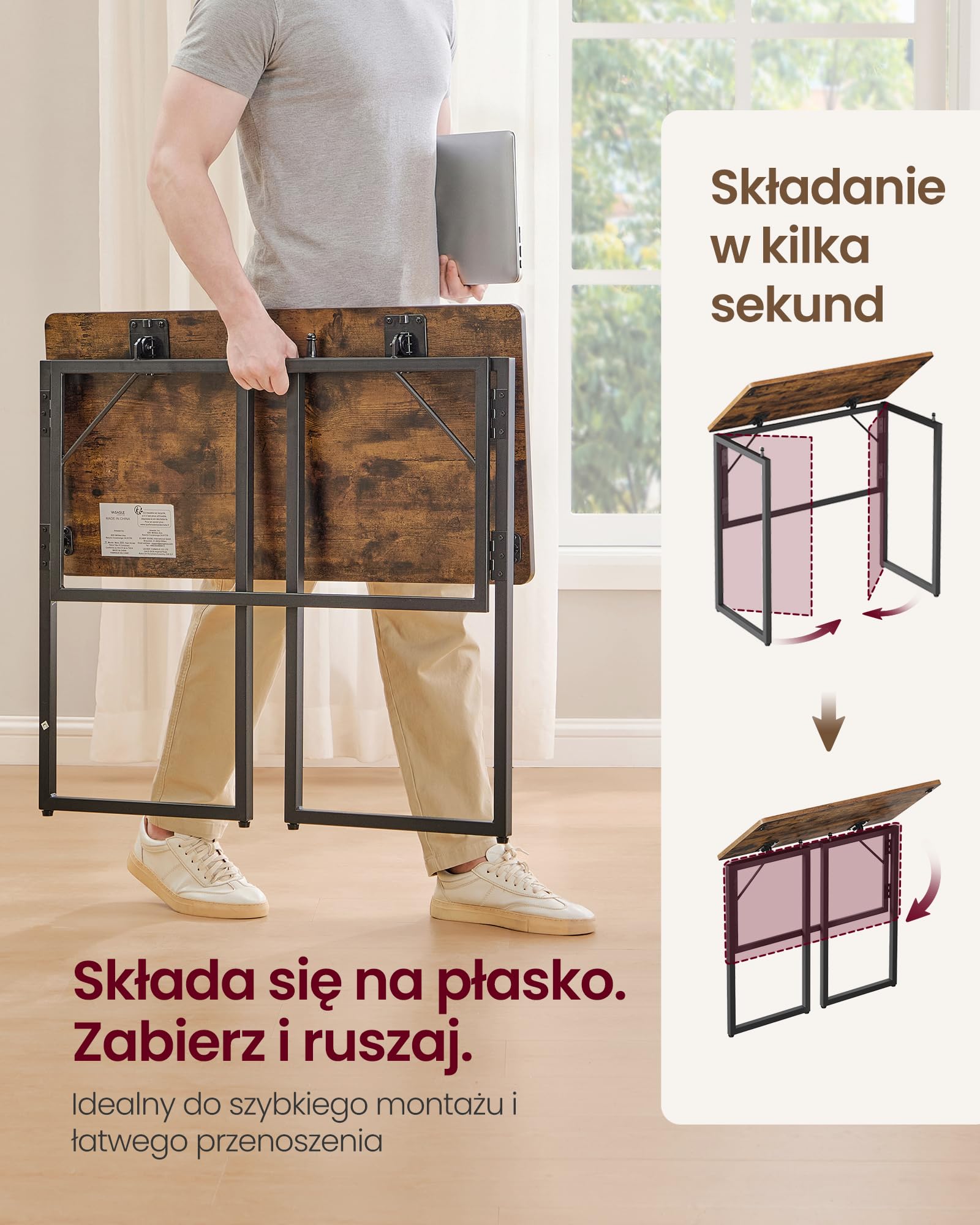 VASAGLE Składany stół, małe biurko, stolik pod komputer, blat stołu z jednego kawałka, zaokrąglone narożniki, stół do domowego biura, sypialni, 80 x 40 cm, brązowy vintage LWD151KD01