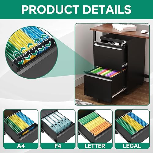 Miniatura 5 de Letaya Archivador móvil con cerradura, 2 cajones debajo del escritorio, archivadores de metal con ruedas para organizador de oficina en casa,