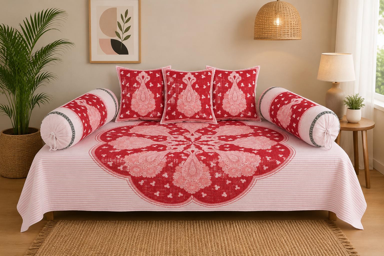 Diwan Set 6 Piece Pure Cotton |1Bedsheet (70x100 Inch)+ 2 Bolster Covers+ 3 Cushion Covers | Cotton Divan Set | Diwan Bedsheet Single Bed | Living Room Set (Rajsi Gulnaar)-image-34