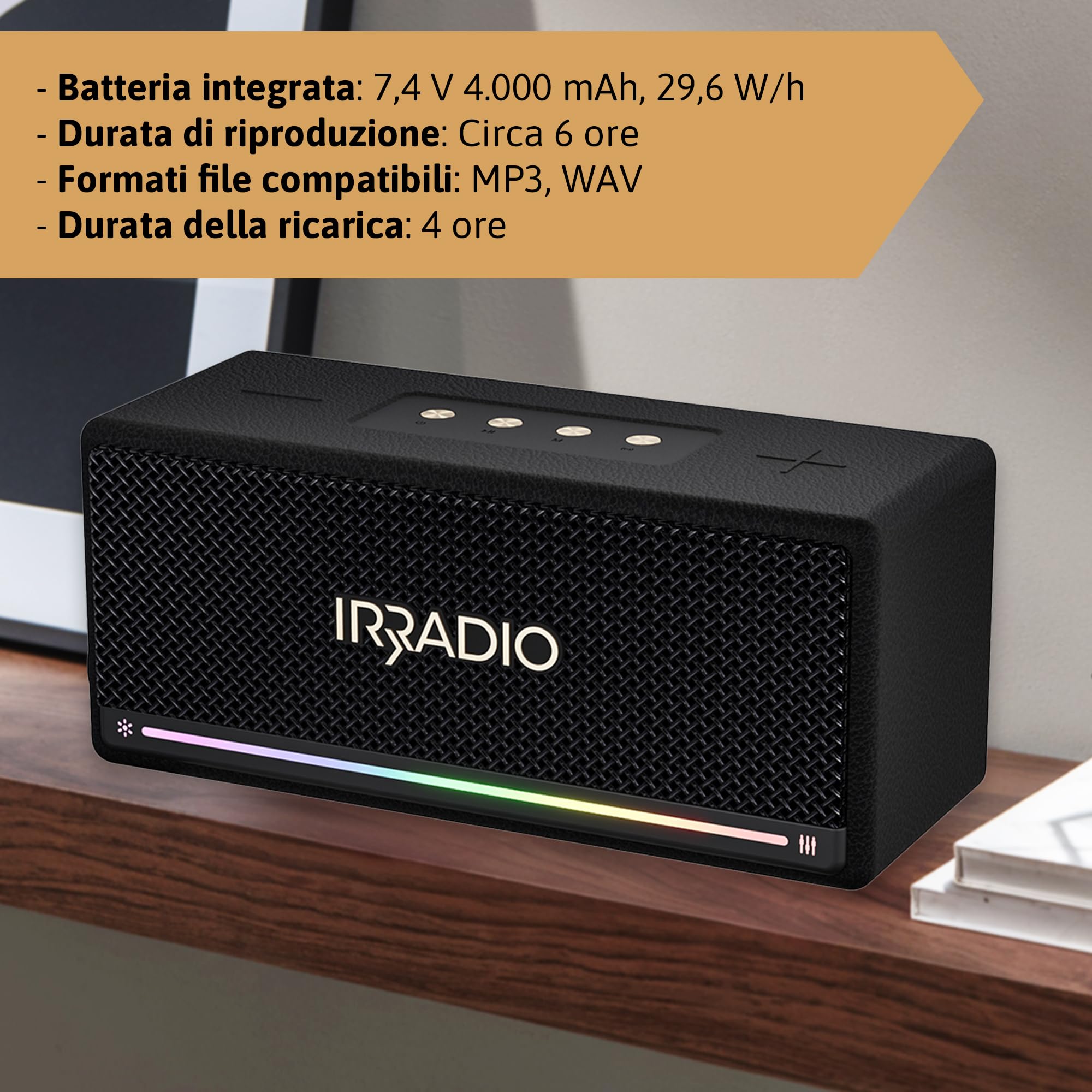 IR-M6 Classic, Cassa Bluetooth portatile, 40W, Doppio Woofer e Tweeter, Grado di impermeabilizzazione IPX7, Illuminazione LED RGB, Funzione True Wireless Stereo, Compatibile formati MP3 e WA