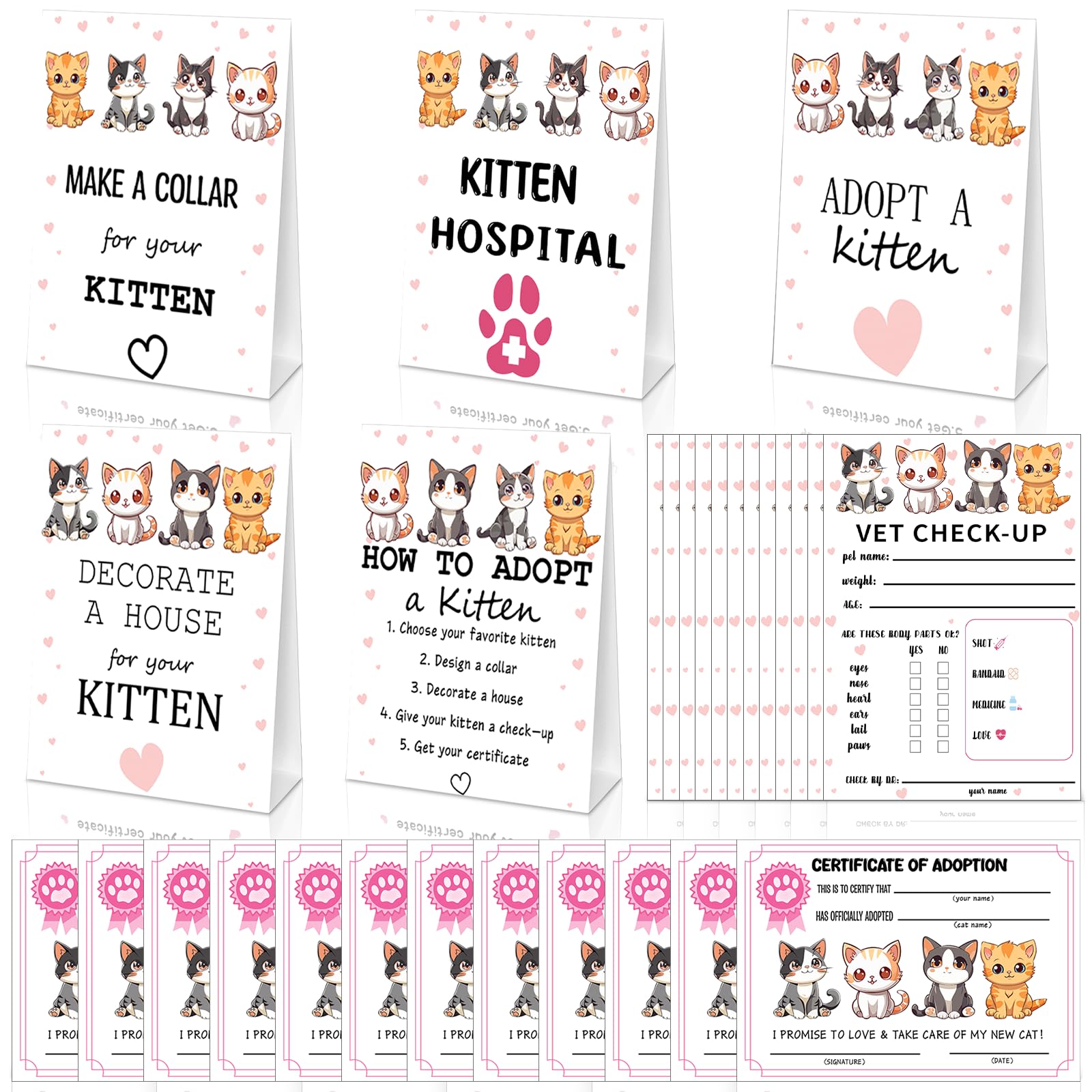 29 Pcs Kitten Adoption Certificate Set Including 12 Cat Adoption Certificates 12 Check up Certificate 5 Signs Animals for Kitten Birthday Party Favors