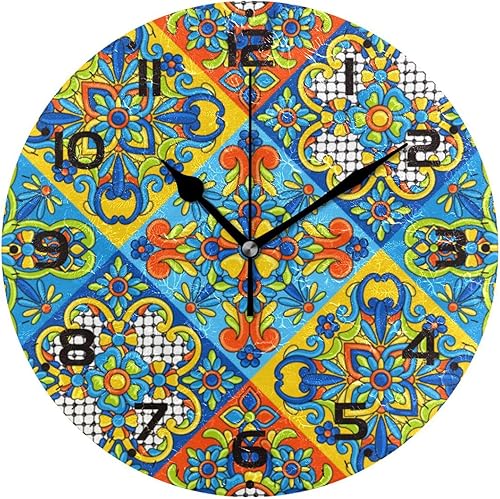Miniatura 1 de Reloj de pared Talavera mexicano, silencioso sin tictac, funciona con pilas, reloj redondo decorativo creativo para cocina, sala de estar, baño,