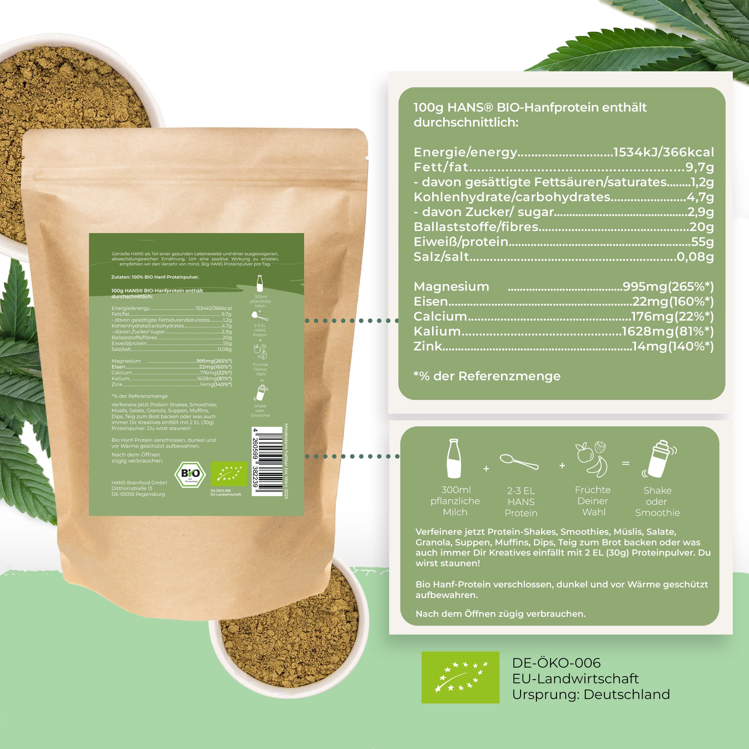 Bio Hanfprotein Pulver 1000g I 55% Eiweiß | Proteinpulver aus Deutschland | Pflanzliches Hanfpulver ohne Zusatzstoffe | Superfood Eiweißpulver mit essenziellen Aminosäuren | Vegan I HANS Brainfood