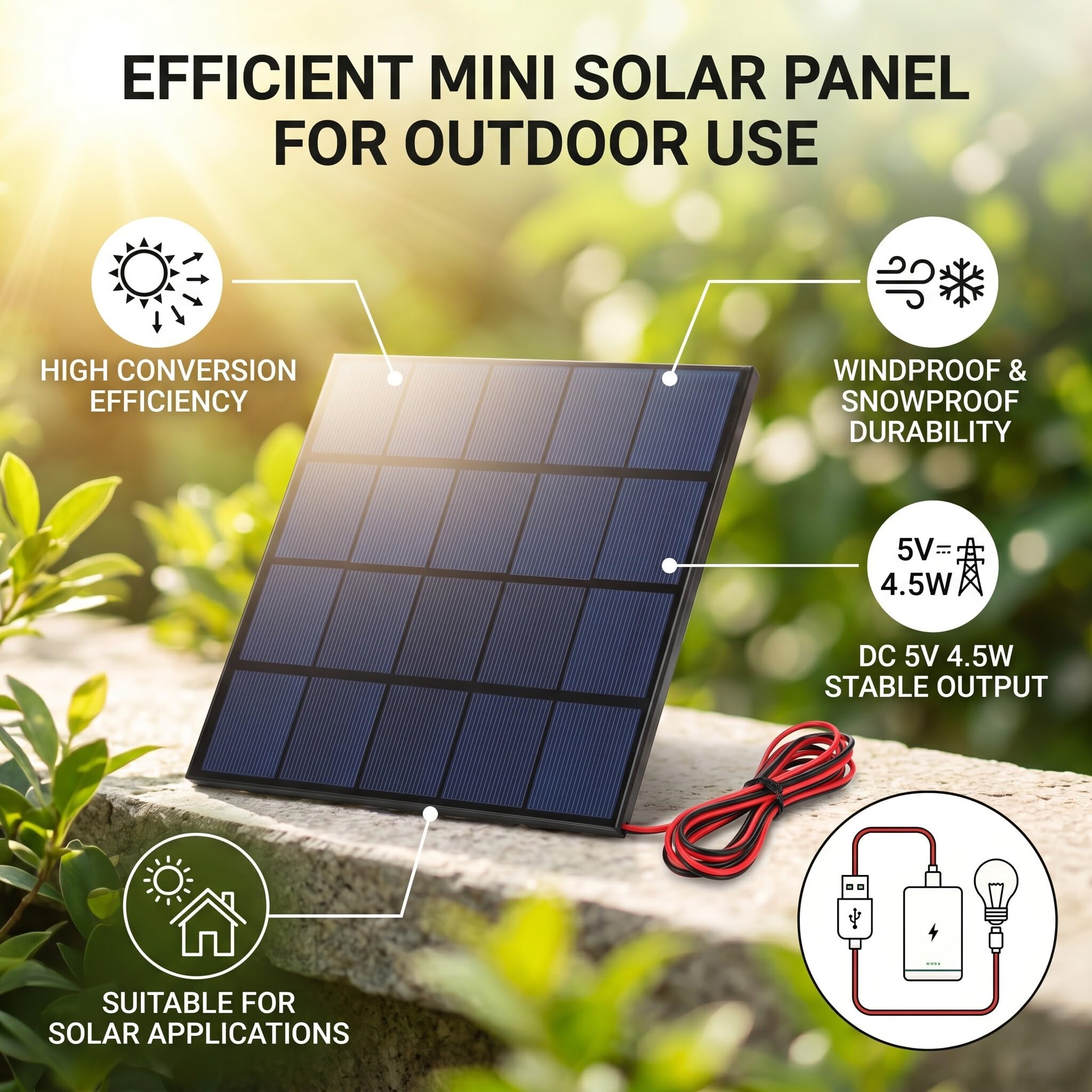 Mini-Solarpanel 5 V 4,5 W, Solarzellen-Polysilizium-Solarstromplatine mit 78,7-Zoll-Kabel für den Außenbereich, 165 X 165 Mm/6,45 X 6,45 Zoll