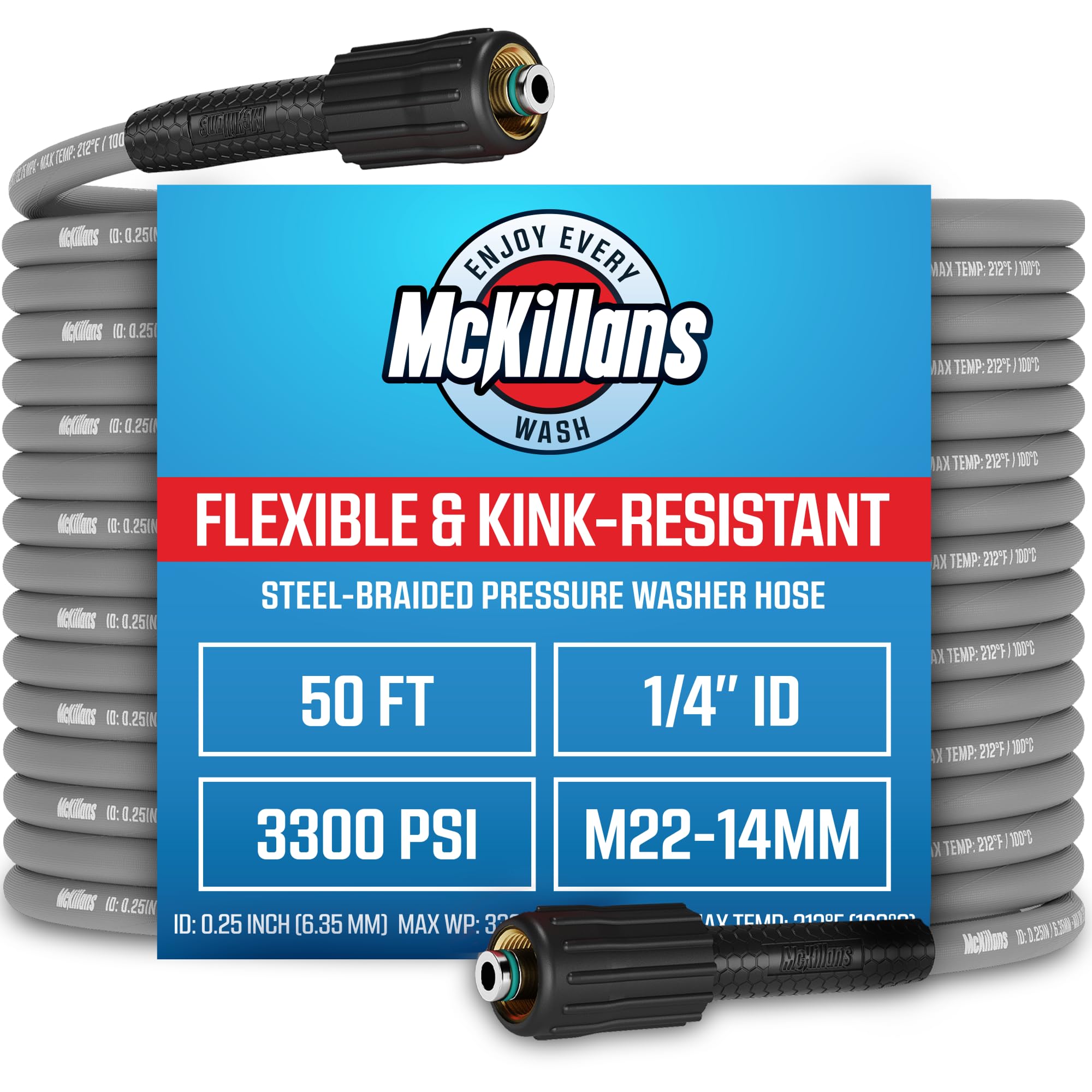 McKillans® Pressure Washer Hose 50 ft - Flexible & Kink-Resistant - Steel-Braided & Durable- M22-14mm Stainless Steel Plug - Power Washer Hose - High Pressure 1/4" Inner Diameter - Long 50 ft Reach