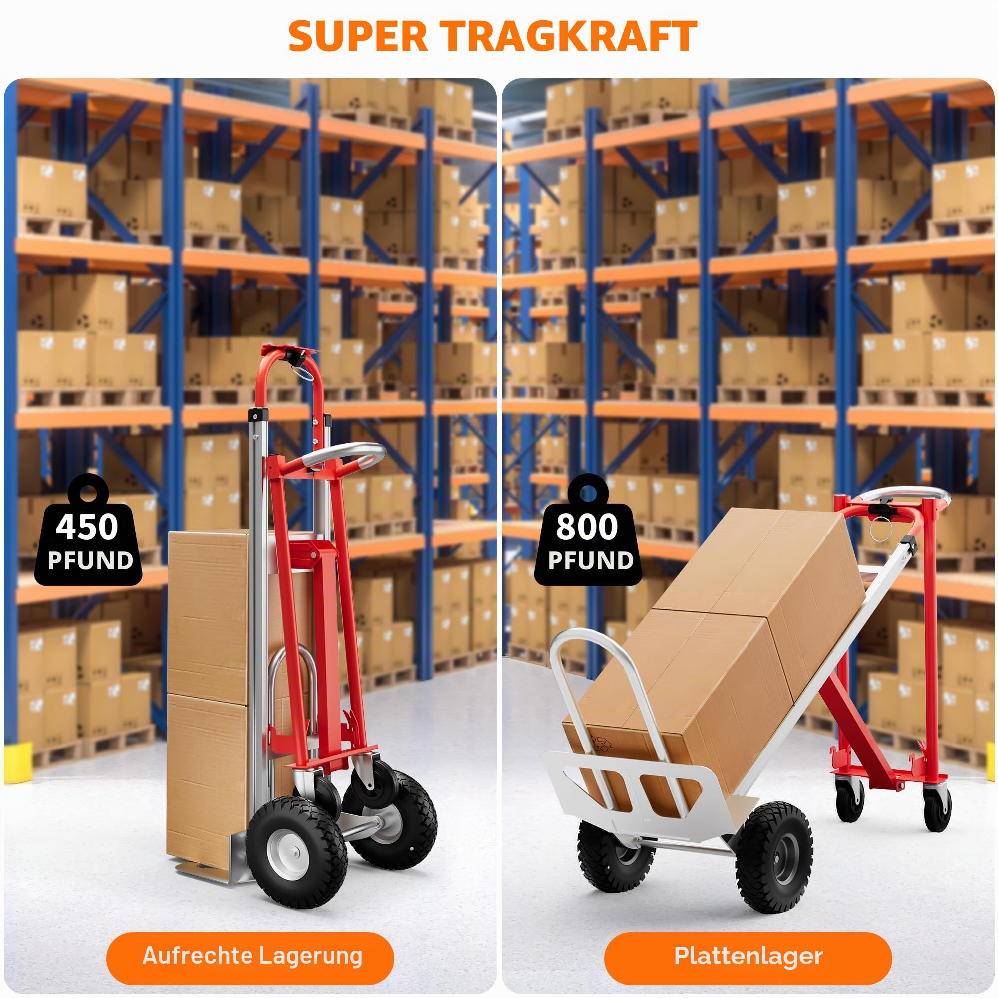 3-in-1 Sackkarre Klappbar Aluminium Mit Rädern & Elastischem Spanngurt, Tragkraft 350 kg, Transportkarre & Plattformwagen Faltbar Für Zuhause Lager Supermarkt Büro, Rot