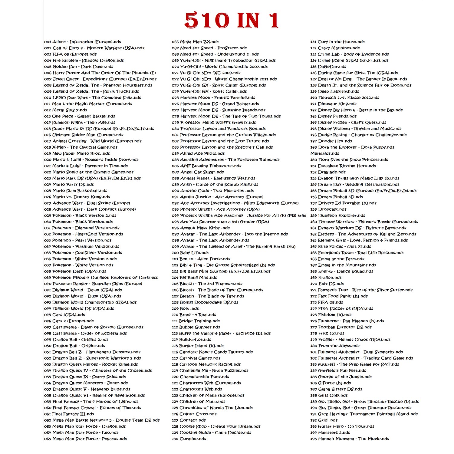 DS Games, 510 Juegos en 1 NDS Paquete de Cartuchos de Compilaciones Super Combo Cartucho de Tarjeta de Juego para DS NDS NDSL NDSi 3DS XL Nuevo