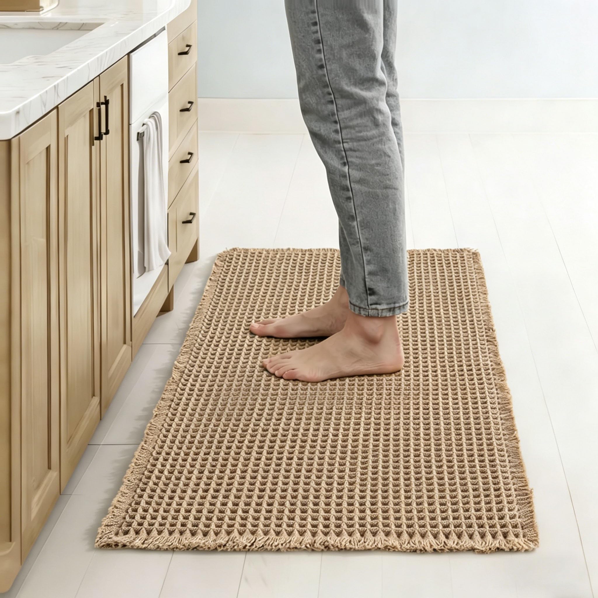Artnice 46x77 cm Waffle Kitchen Rugs, Non-slip Kitchen Mats for Floor, Washable kitchen Runner, Absorbent Runner Carpets for Kitchen, Bathroom, Hallway, Laundry, Door (Brown)