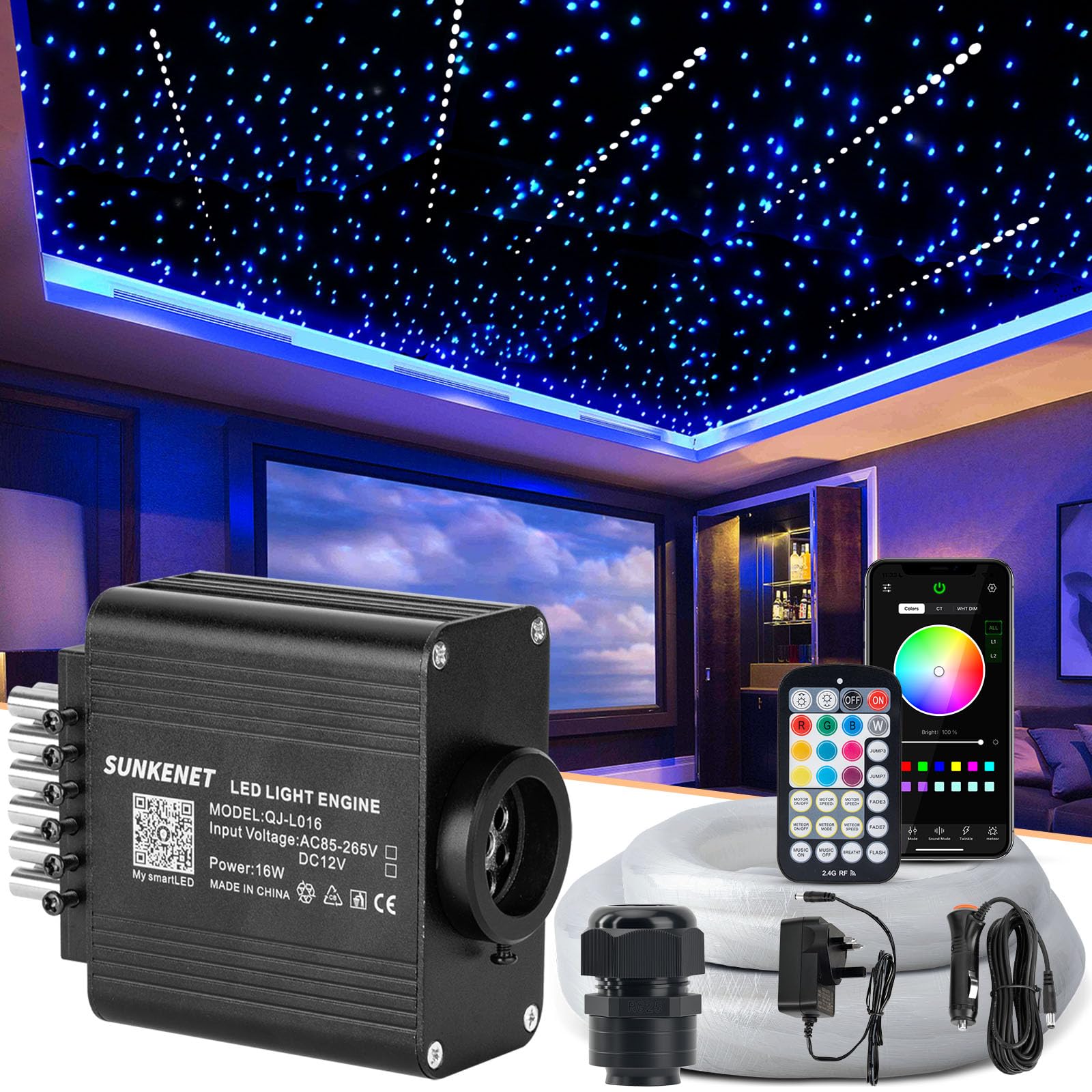 SUNKENET 16W Twinkle&Meteor 2 in 1 RGBW Starlight Headliner Kit, 200pcs*0.03inch*6.5ft+96pcs Shooting Star Lights for Car/Home Ceiling