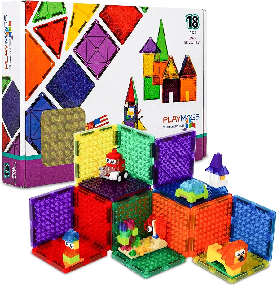 Playmags Magnetic Tiles, Magnetic Building Bricks, Exclusive Magnetic Blocks, Skill Development, Ages 3+ (Small Bricks Tiles), Bright, Multiple Colors