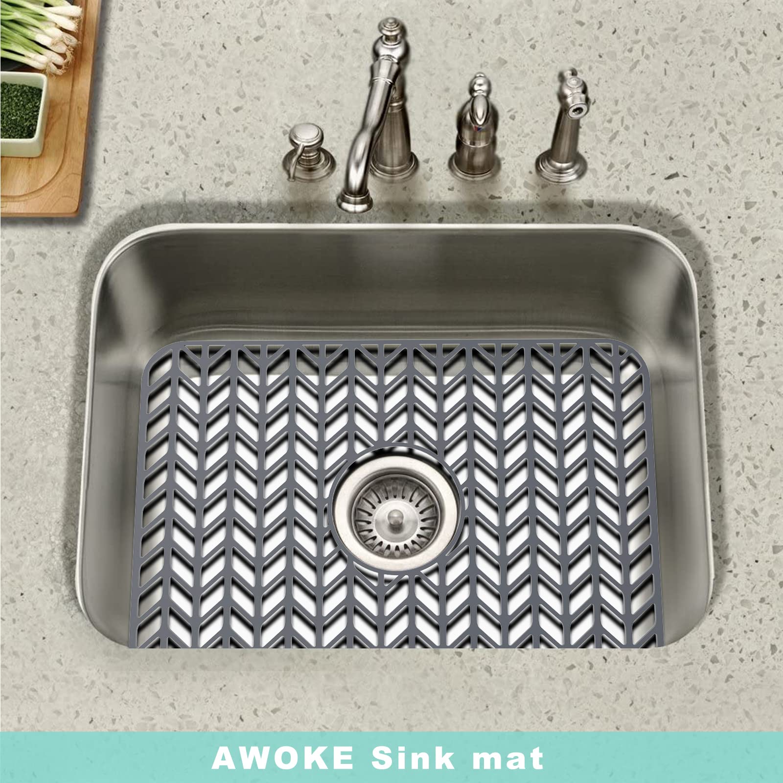 AWOKE Tapis de protection d'évier de cuisine pliable antidérapant pour fond d'évier en porcelaine avec drain central 46 x 31 cm (gris)