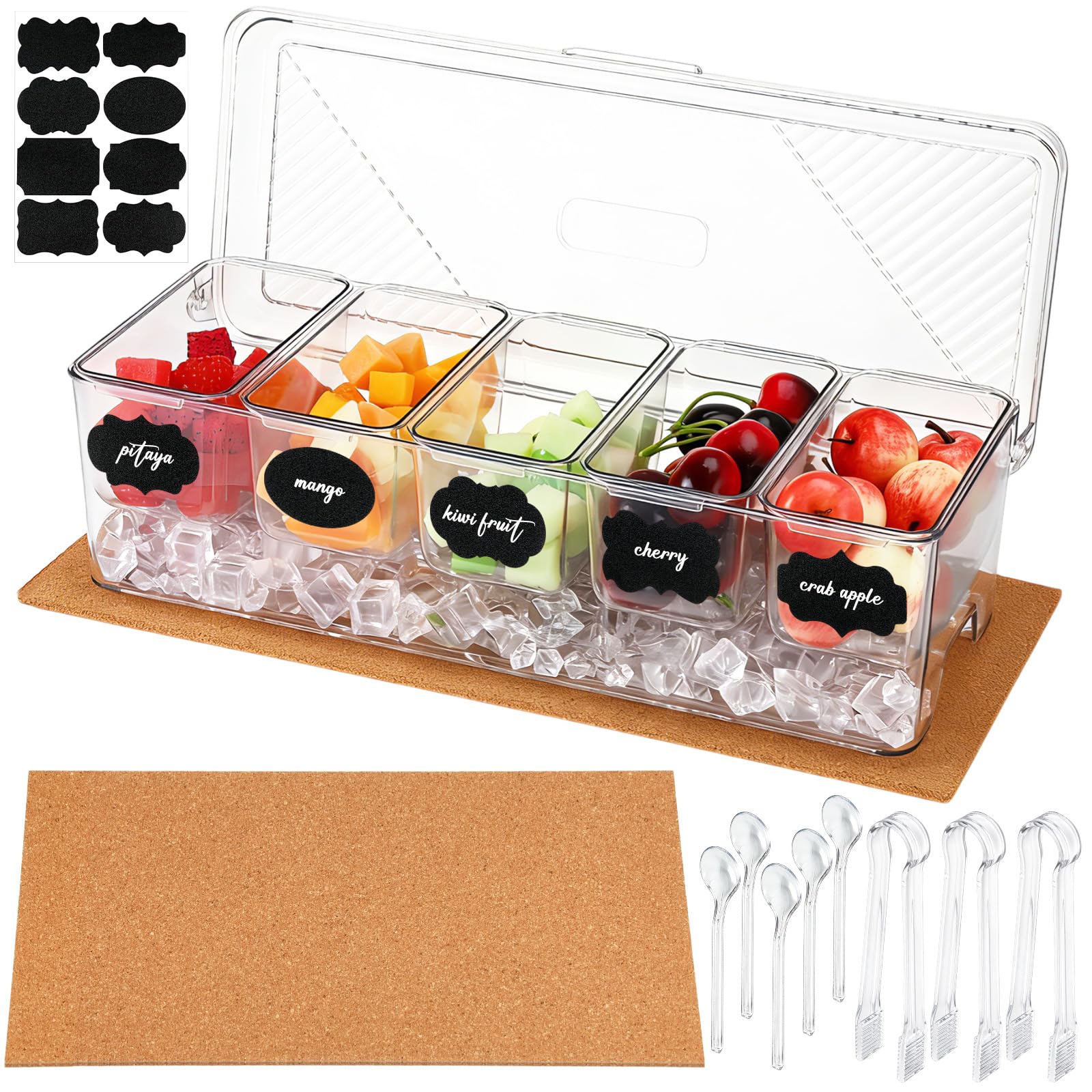 Sieral Set di 11 contenitori trasparenti per condimenti refrigerati con coperchio, tra cui 1 tampone in sughero, 5 cucchiai, 3 clip e adesivi per bar, frutta, insalata, taco e decorazioni per feste