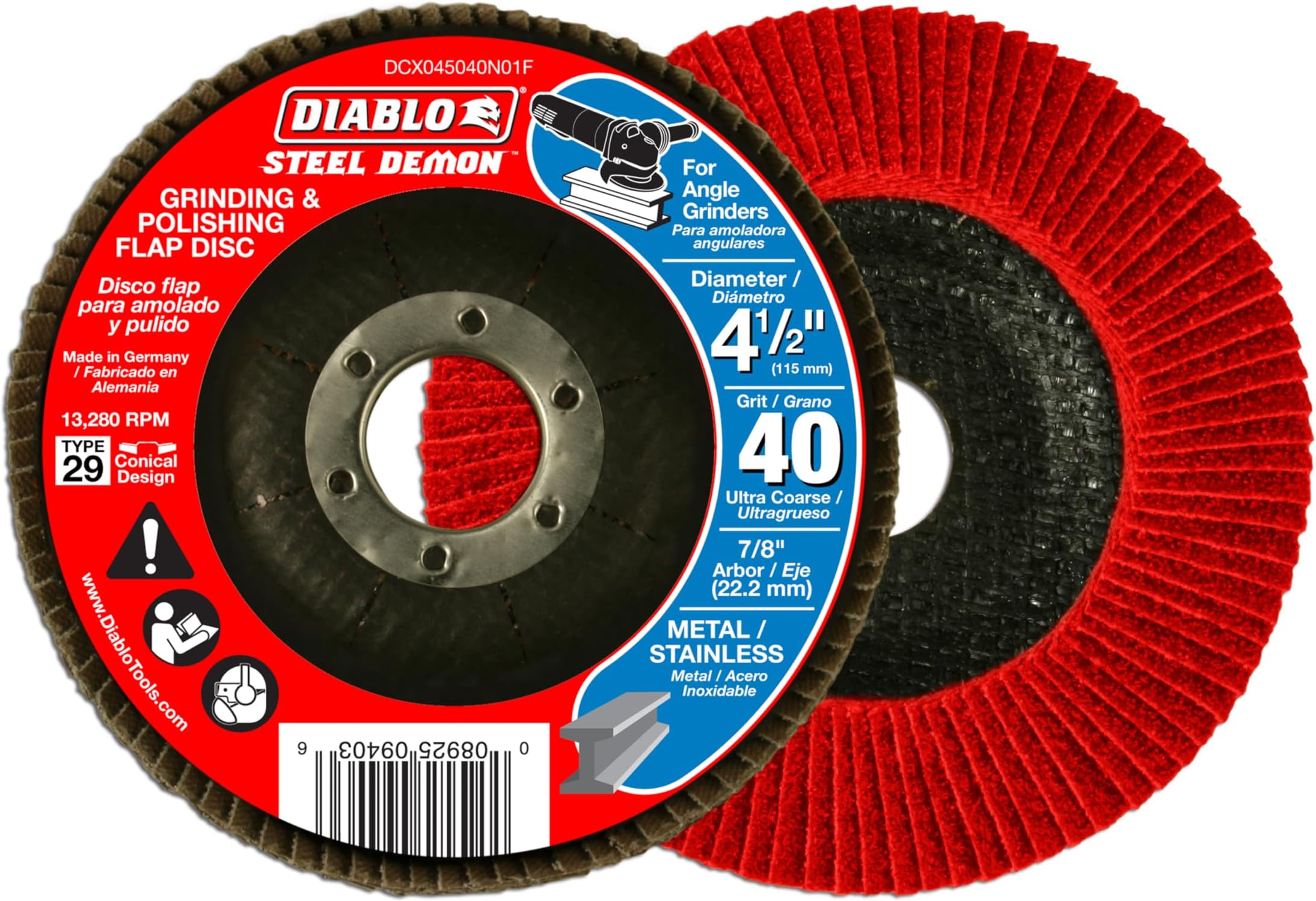 Steel Demon Flap Disc with Standard Hub for Metal, Fast Material Removal & Polishing - Ultra Coarse, 40-Grit, 4-1/2" Diameter, 7/8" Arbor, Type 29 Hub - DCX045040N01F