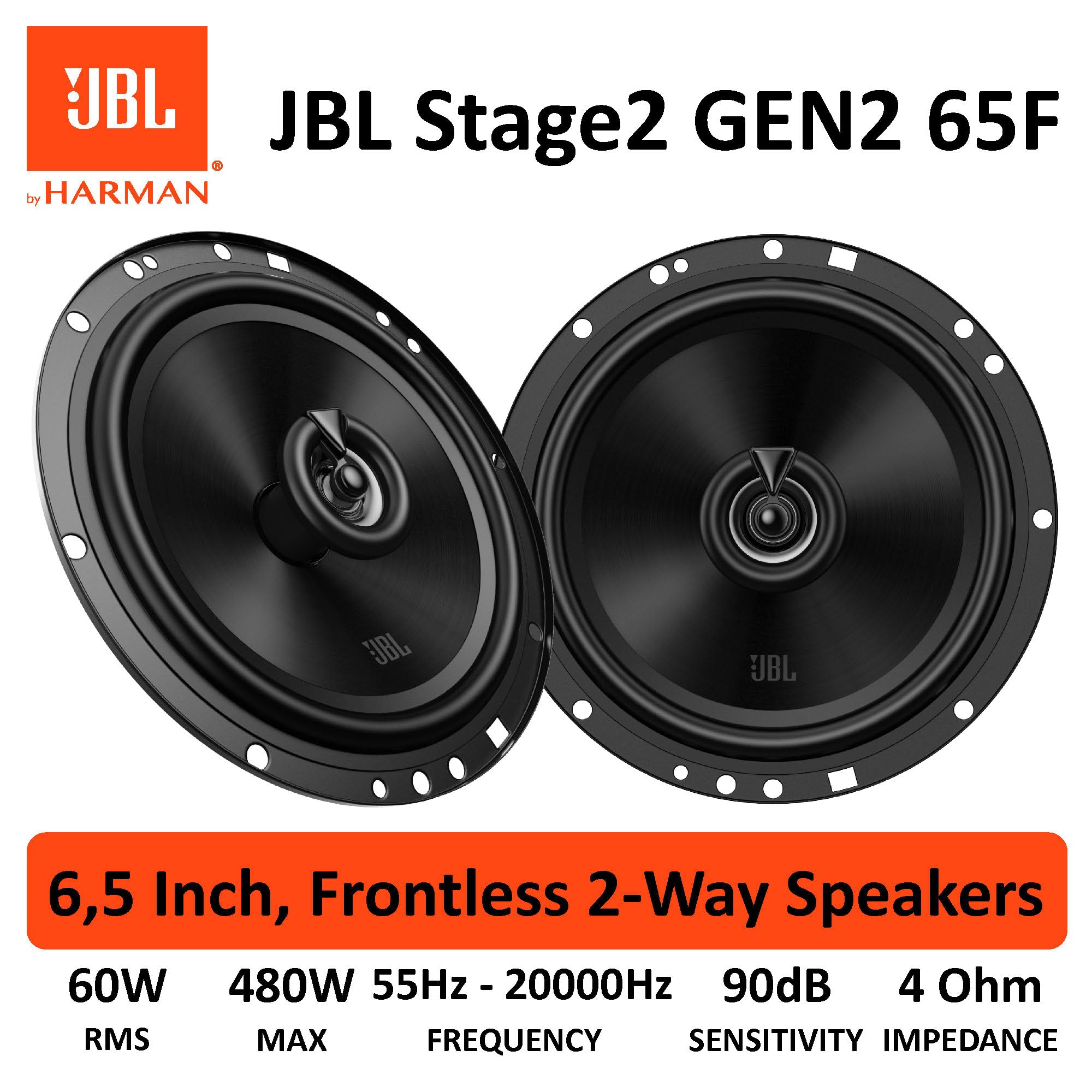 JBL Stage2 GEN2 65F Altavoz Coaxial Auto 165mm (6,5 Pulgadas) - Set 2 Vías | Altavoz auto JBL 480W MAX / 60W RMS para coche, camión y autocaravana, HiFi