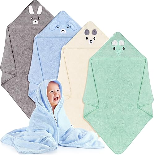 Preboun 4 toallas de baño para bebé de 31.5 x 31.5 pulgadas, toalla de forro polar coral con capucha para bebé, toallas de bebé suaves y absorbentes