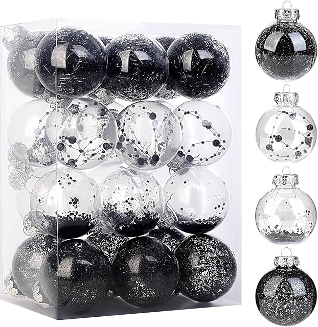 Lanpn Christmas Baubles Set, Shatterproof Xmas Clear Plastic Ornaments Balls for Christmas Tree Hanging Decorations (Black, 7cm/24pcs)