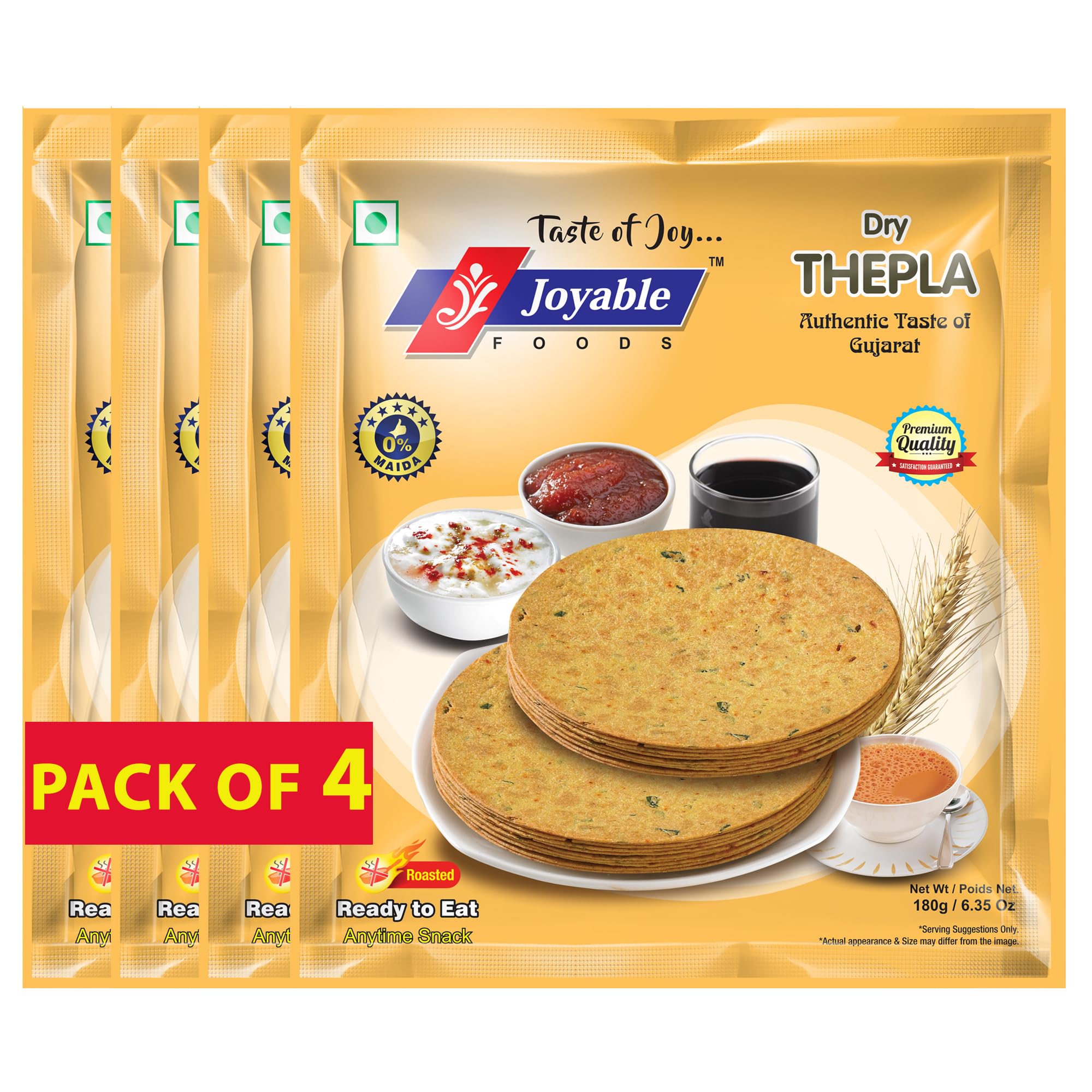 Joyable Special Kathiyawadi Dry Thepla | Healthy Traditional Gujarati Snacks | Vacuum Packed Ready to Eat Snacks with No Artificial Flavors & No Preservatives | Roasted Thepla Ready to Eat - 800 Gms (4 Packets Of 200 Gms)