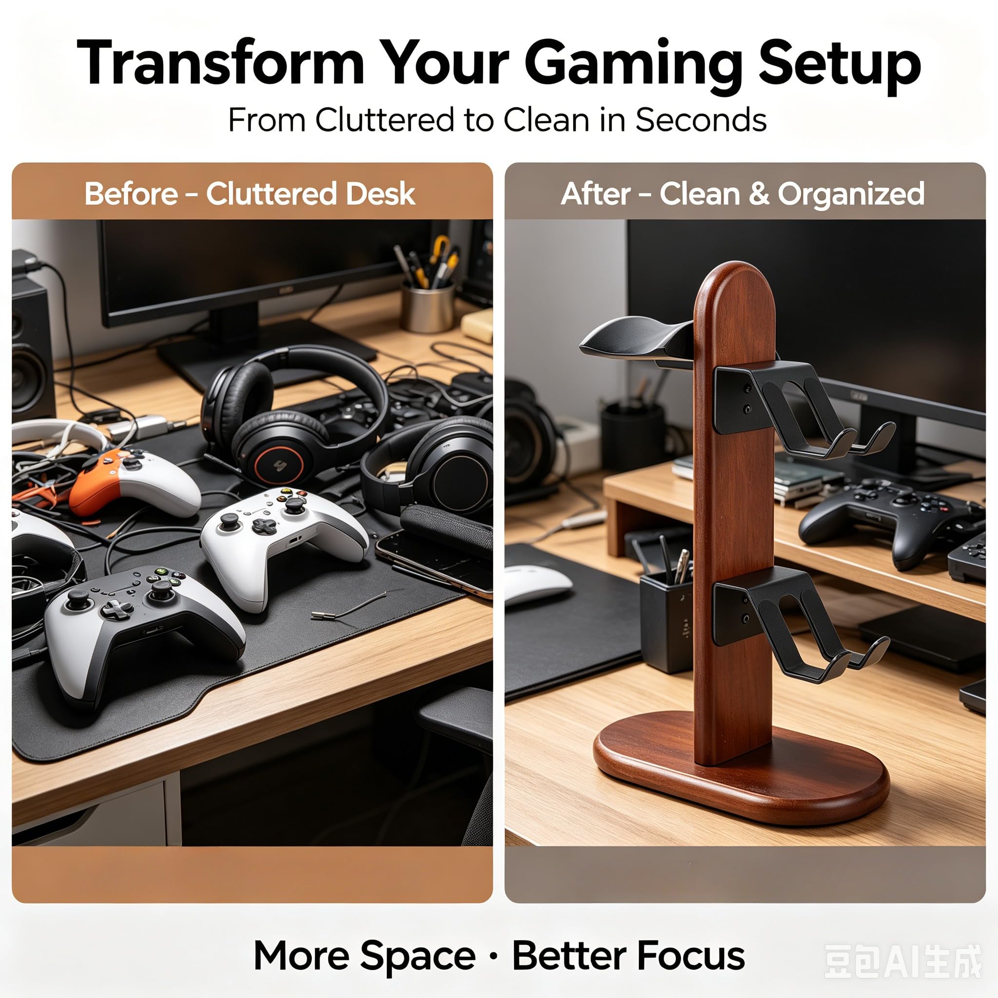 Supporto per controller e cuffie da gaming, in legno, con supporto per cuffie, accessorio da scrivania universale, per controller e smartphone/tablet