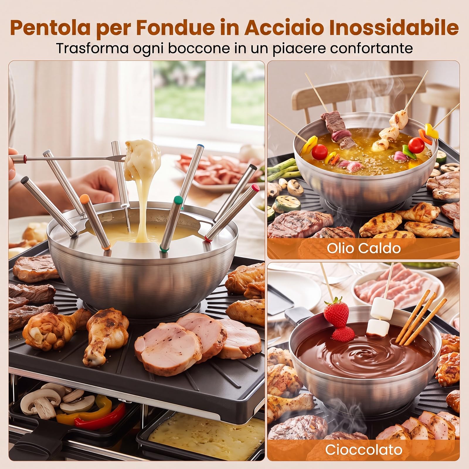 COSTWAY 2200W 3 in 1 Set Griglia per Raclette e Fonduta, per 8 Persone