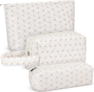 3 Pcs Coquette Makeup Bag Cotton Quilted Cosmetic Bag Set Cute Aesthetics Makeup Pouch Kawaii Toiletry Bag Travel Coquette Accessories Gift for Women (Floral)